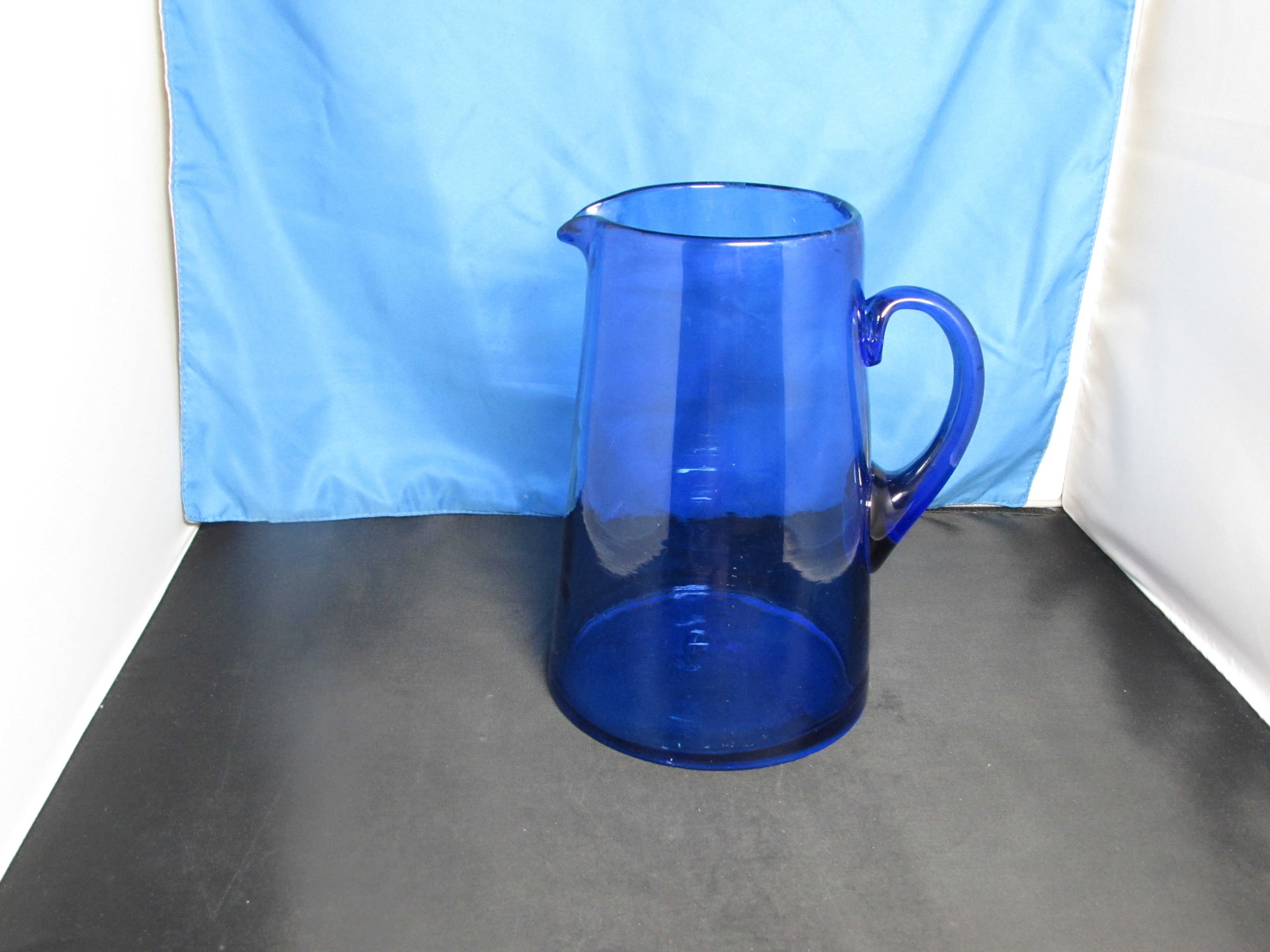Cobalt Blue Pitcher Blown Glass Applied Handle 8.5 inch