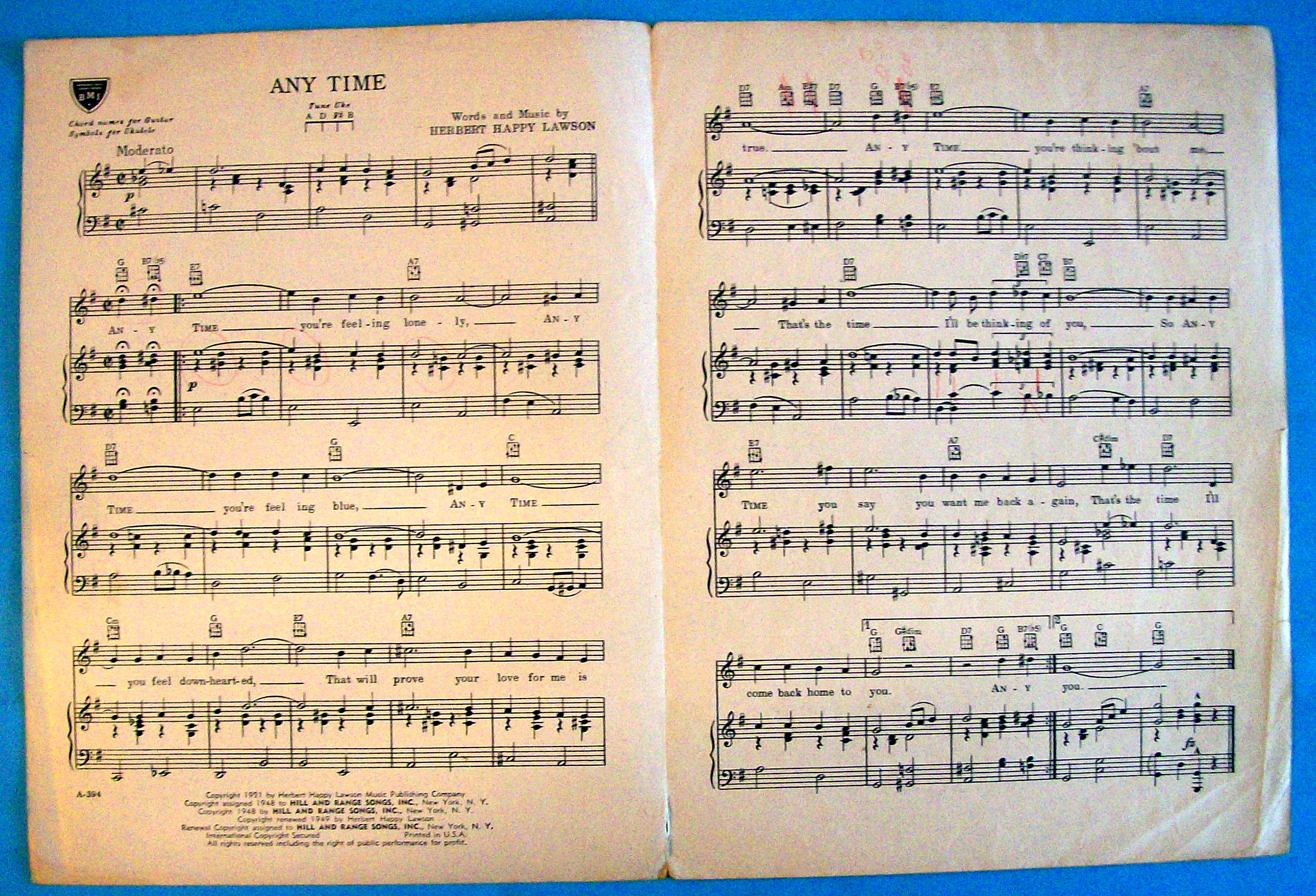 Sheet Music For 1949 Any Time (Eddie Fisher Cover)