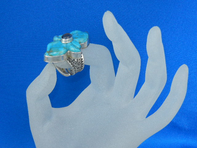 David Troutman Carved Turquoise Sterling Silver Ring