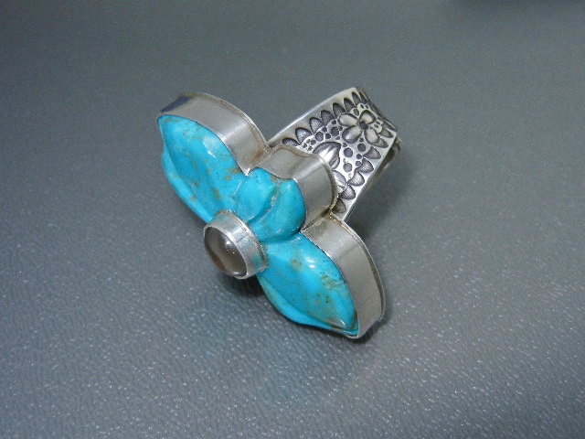 David Troutman Carved Turquoise Sterling Silver Ring
