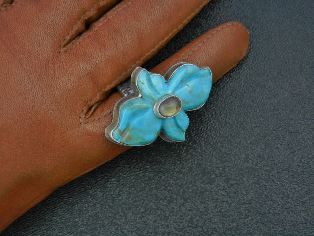 David Troutman Carved Turquoise Sterling Silver Ring