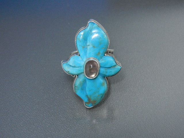 David Troutman Carved Turquoise Sterling Silver Ring