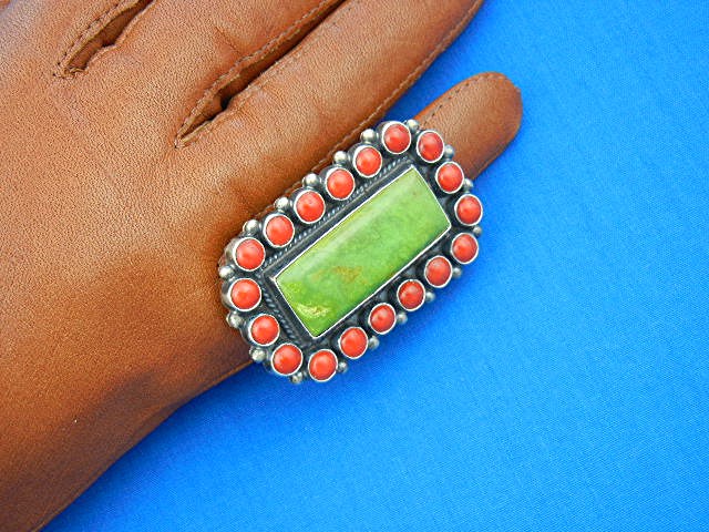 Navajo Sterling Silver Mediterranean Coral Gaspeite Rin