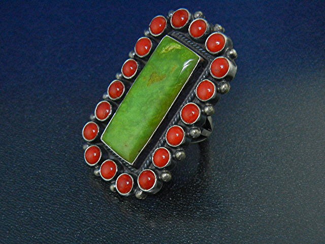 Navajo Sterling Silver Mediterranean Coral Gaspeite Rin