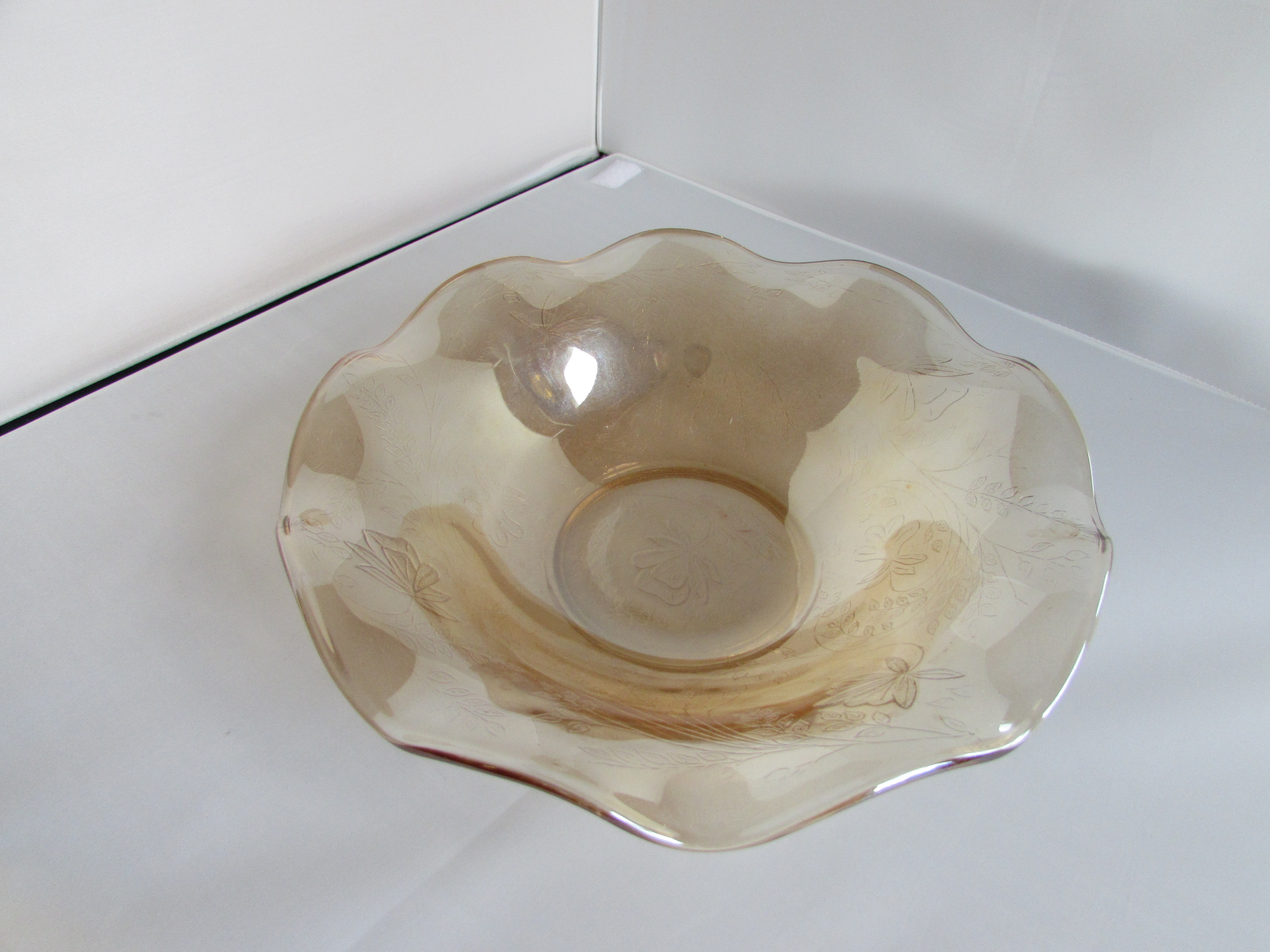 Marigold Iridescent Glass Bowl Leaf Floral Ruffled Edge