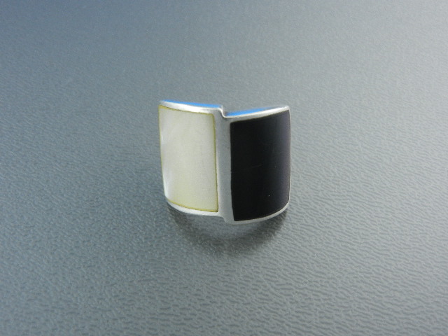 Ring Onyx Mother Of Pearl Sterling Silver Signed CFJ
