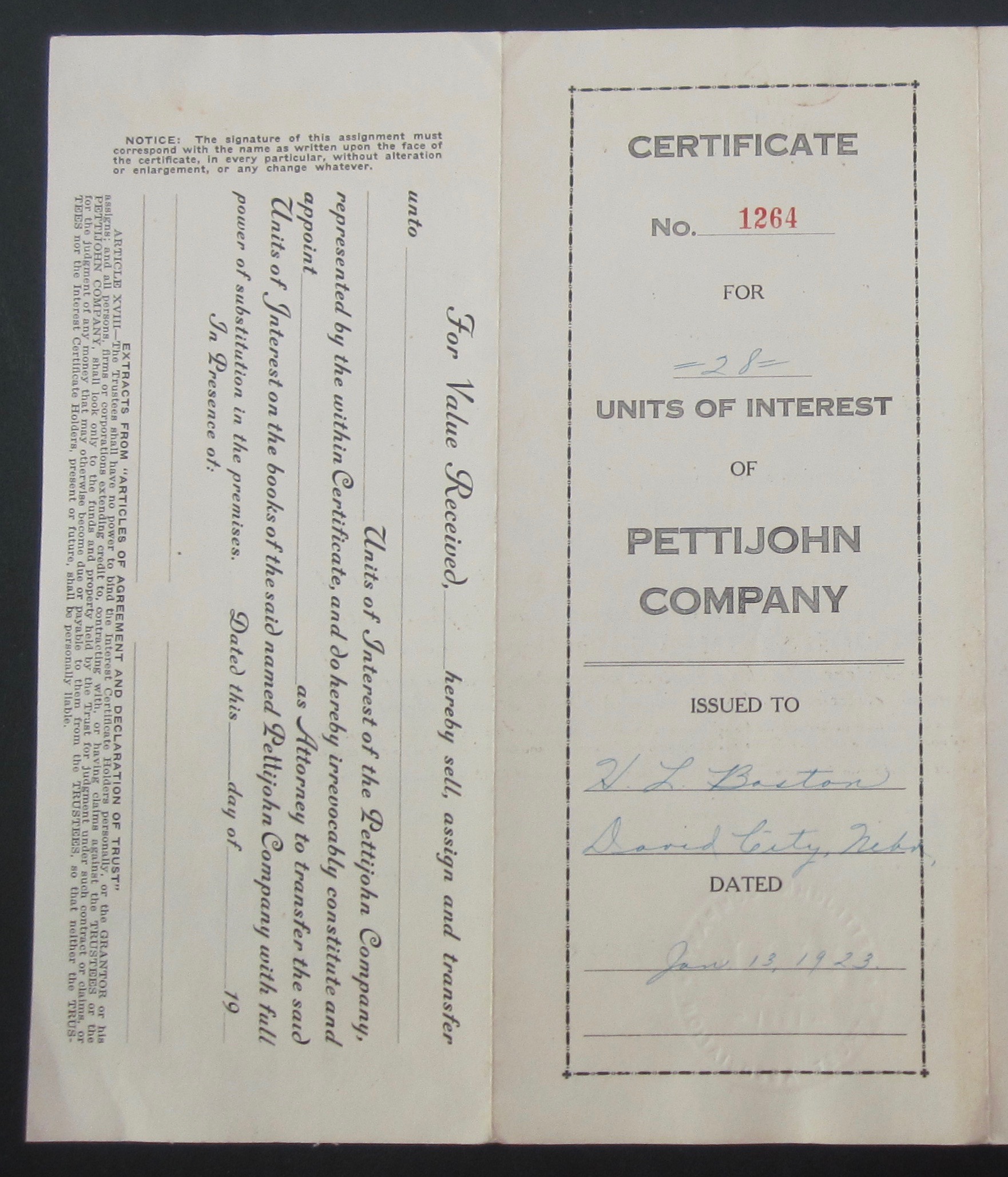 1923 Pettijohn Company Stock Certificate