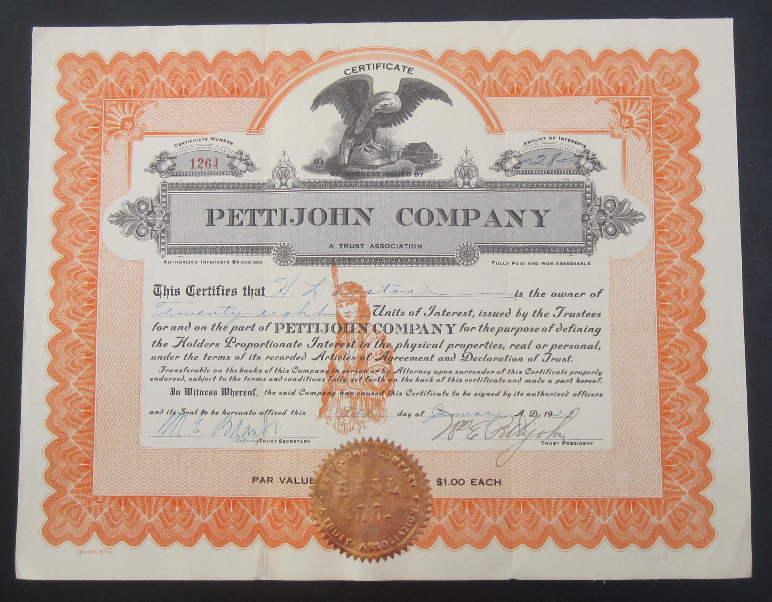 1923 Pettijohn Company Stock Certificate