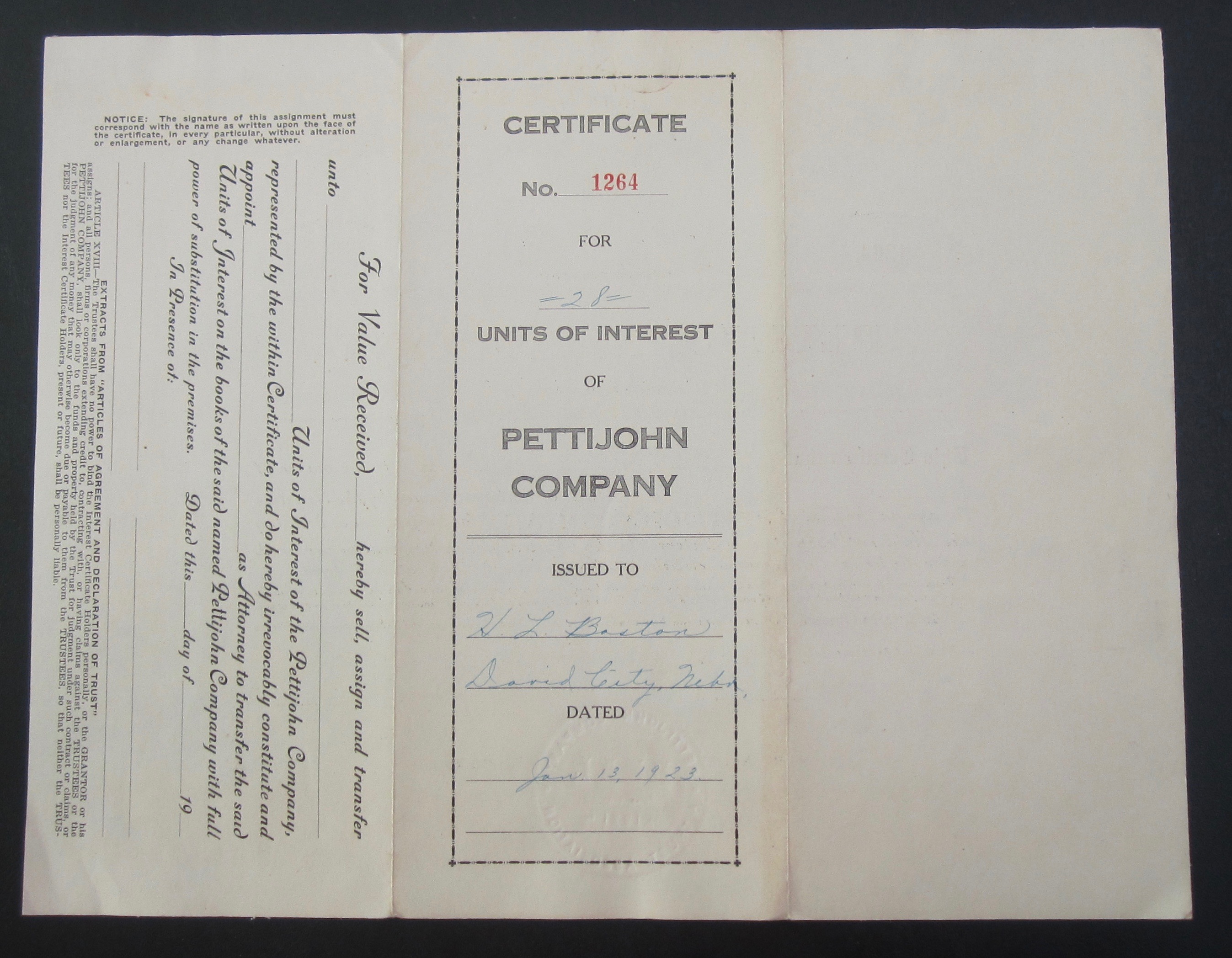 1923 Pettijohn Company Stock Certificate