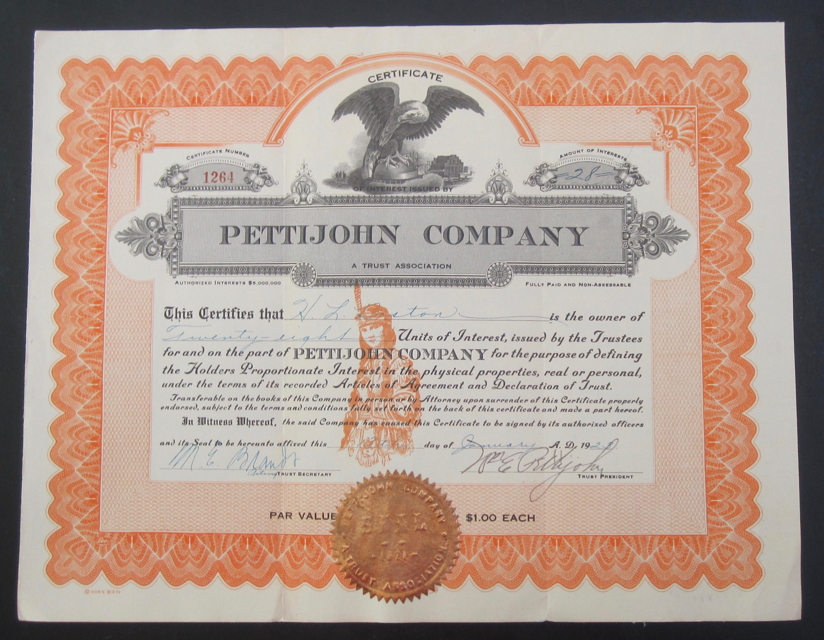 1923 Pettijohn Company Stock Certificate