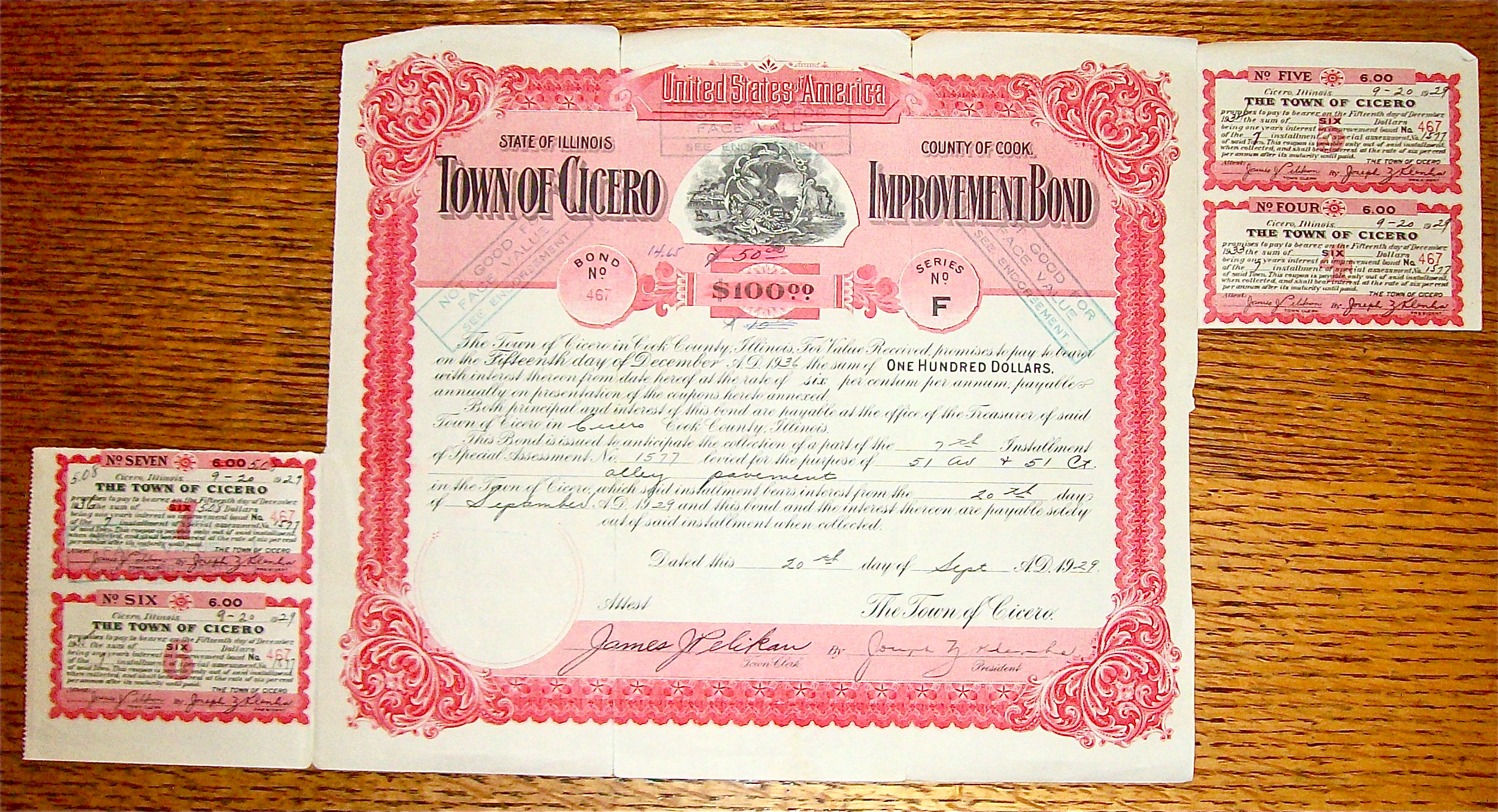 1929 Town Of Cicero $100 Improvement Bond