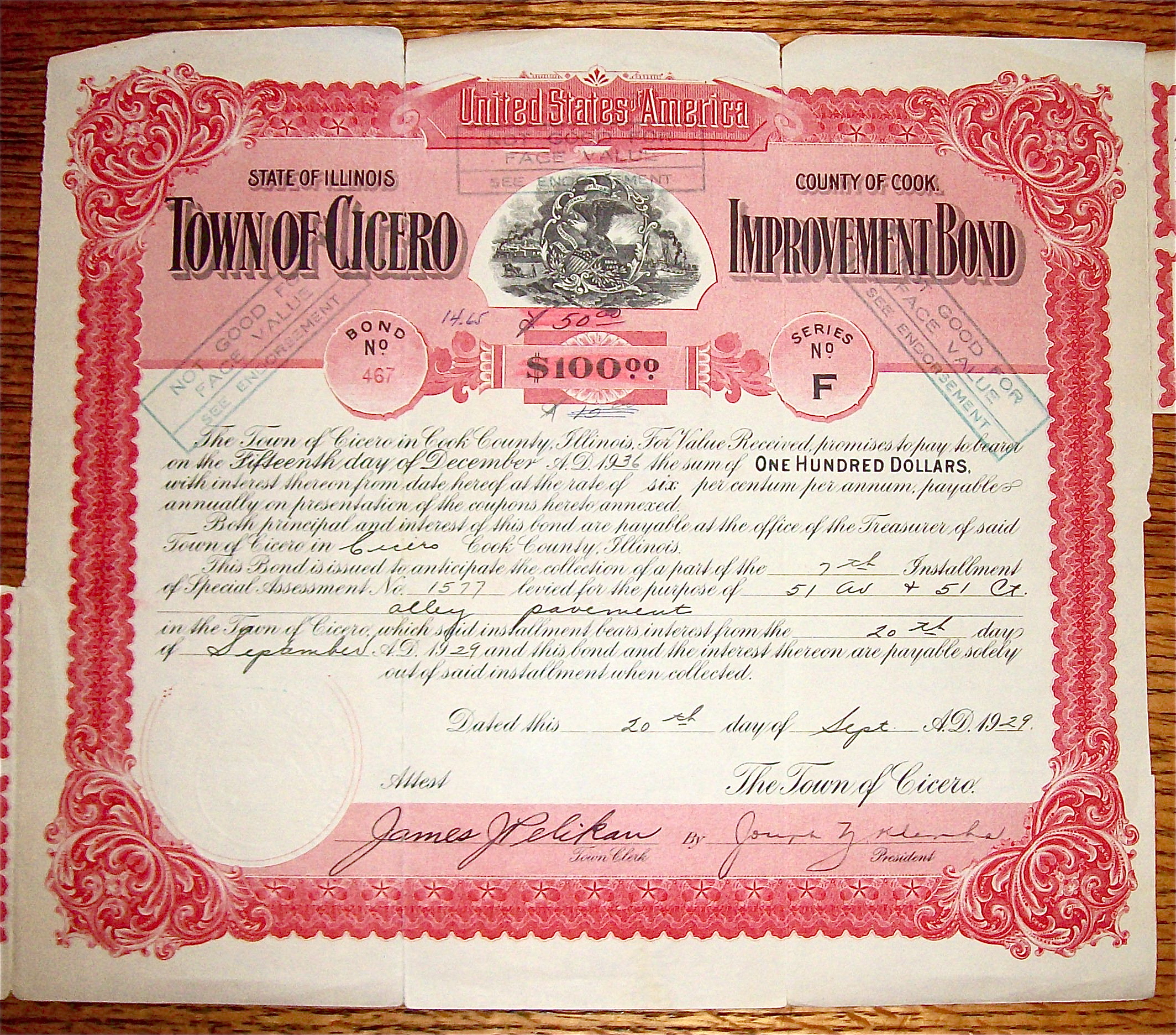 1929 Town Of Cicero $100 Improvement Bond