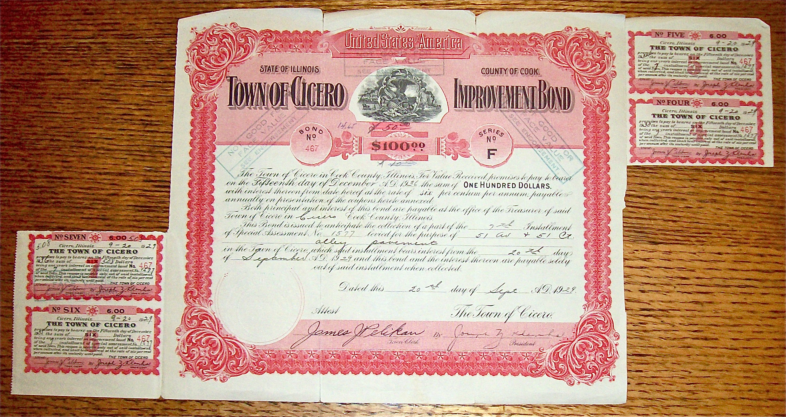 1929 Town Of Cicero $100 Improvement Bond