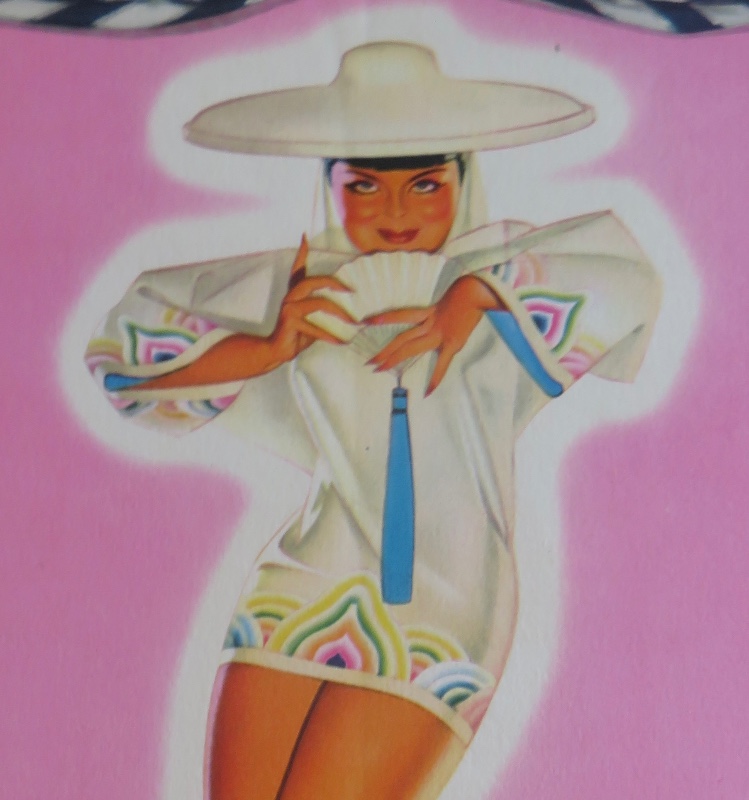 Original 1940's The Limehouse Lady Pin Up Girl Wearing A White Shirt & Sombrero Holding A Hand Fan By George Petty