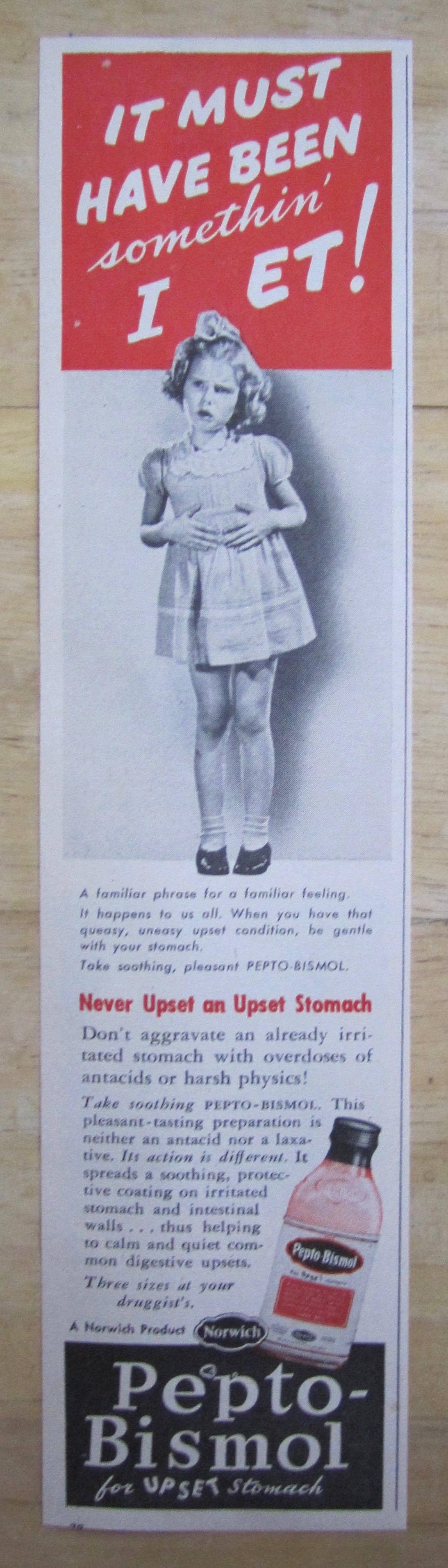 1946 Pepto Bismol with Little Girl with Upset Stomach