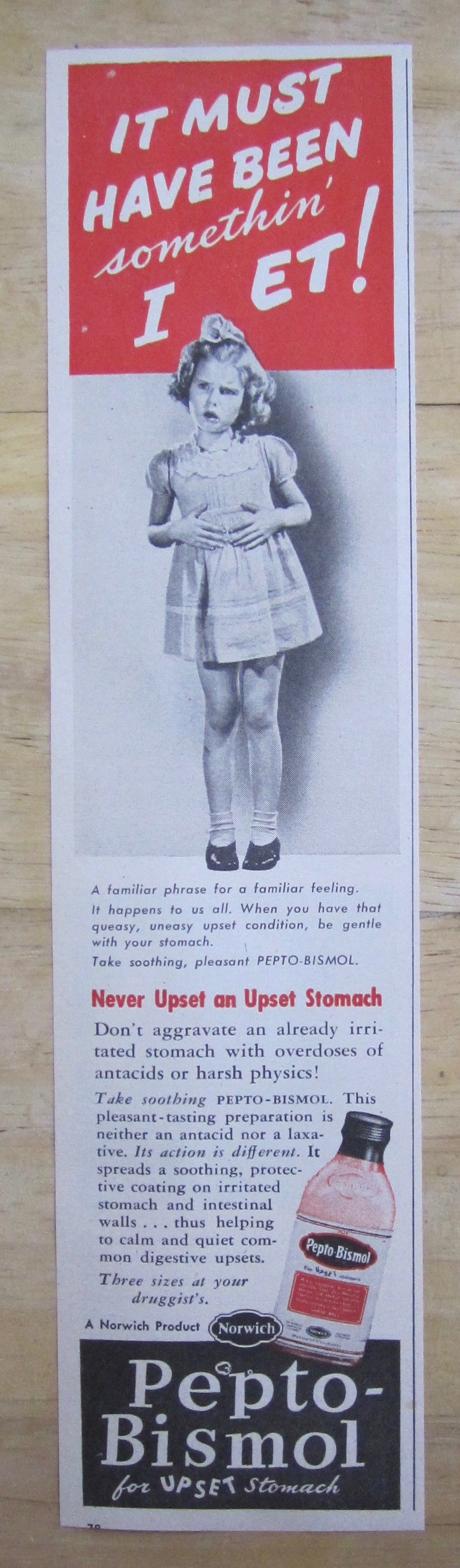 1946 Pepto Bismol with Little Girl with Upset Stomach