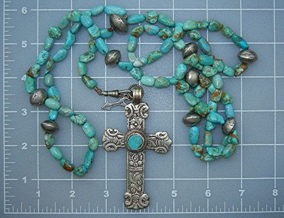 Peru Silver Cross Turquoise Tribal Silver Necklace