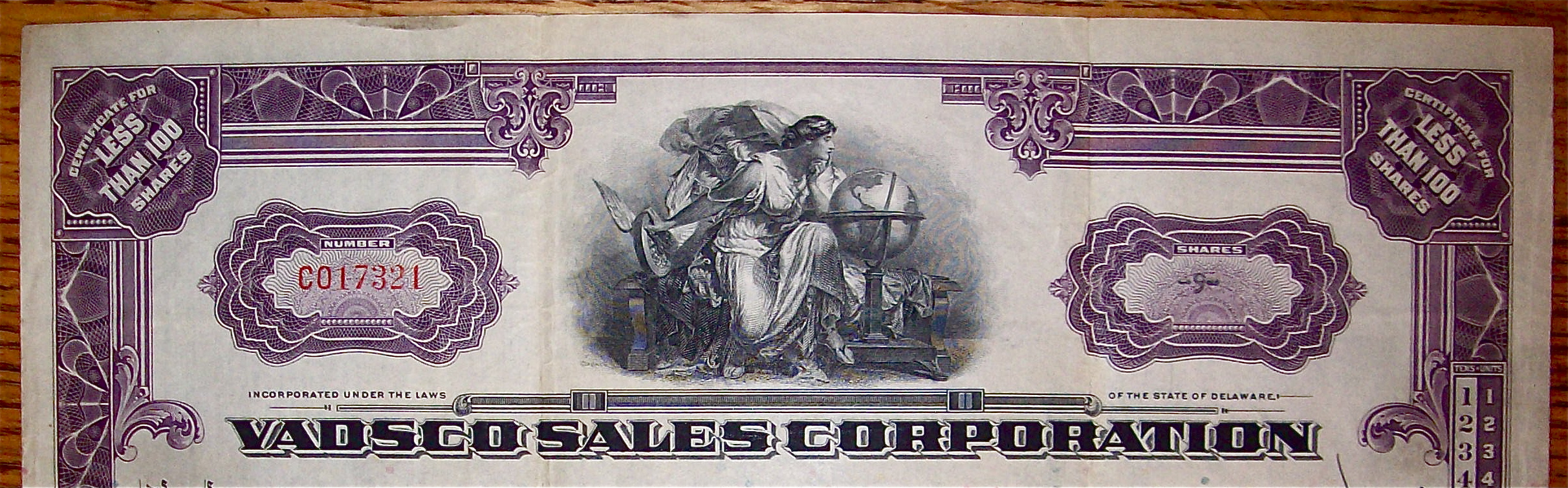 1929 Vadsco Sales Corporation Stock Certificate