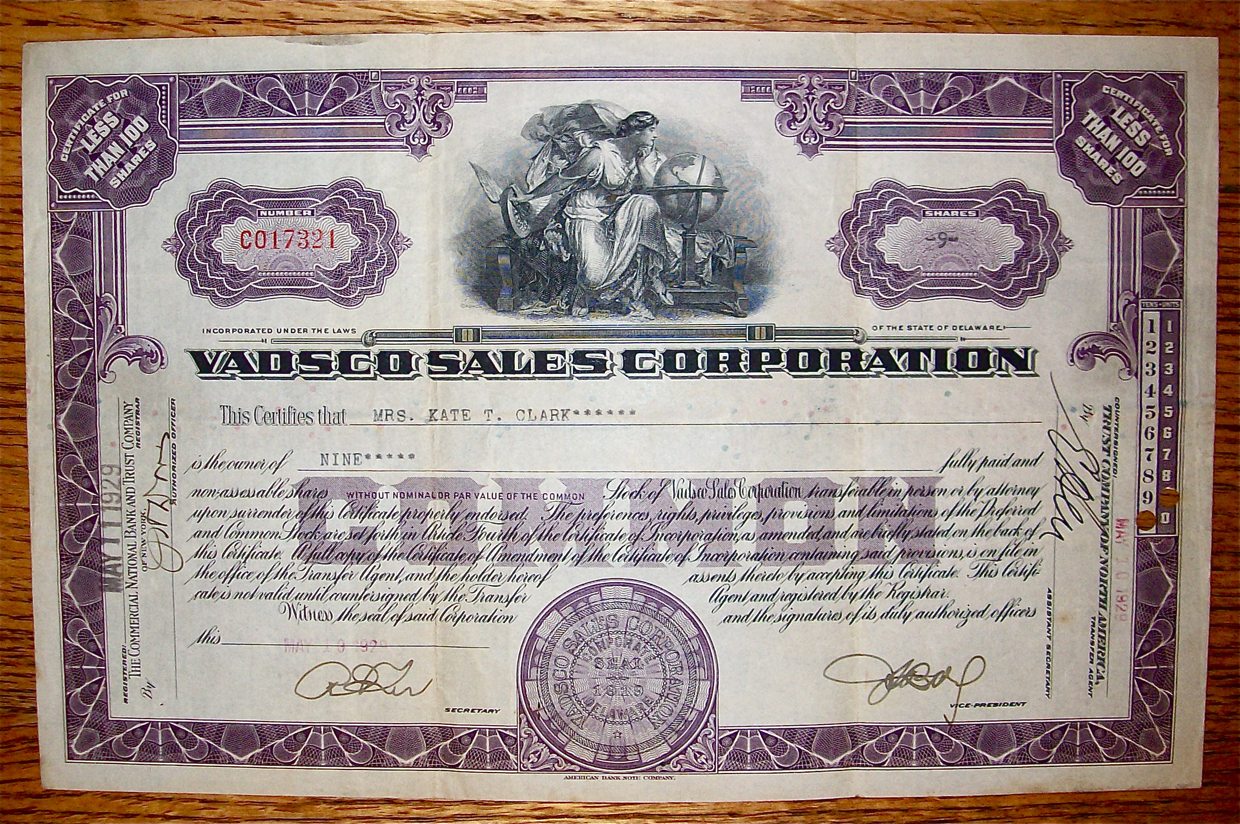 1929 Vadsco Sales Corporation Stock Certificate