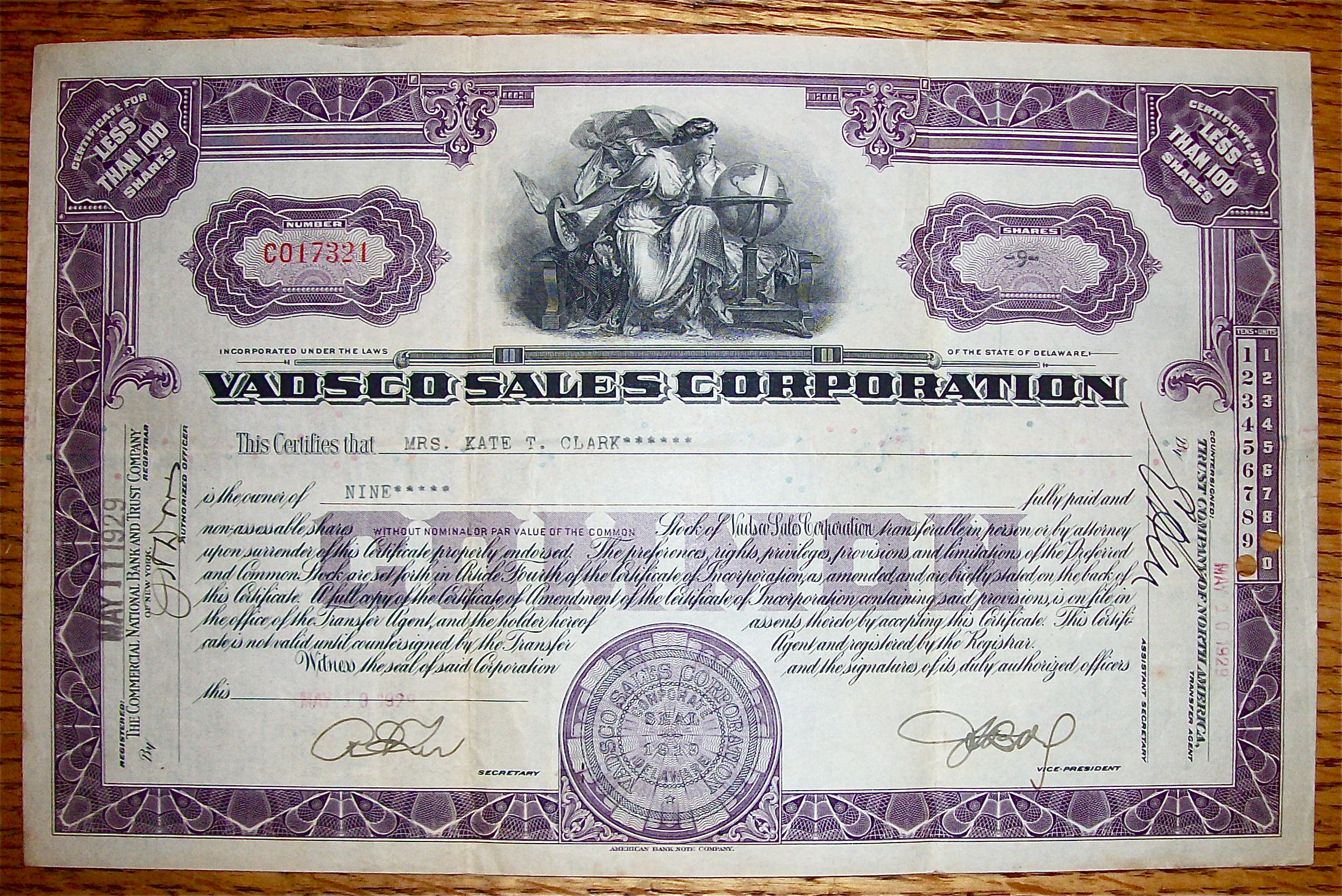 1929 Vadsco Sales Corporation Stock Certificate