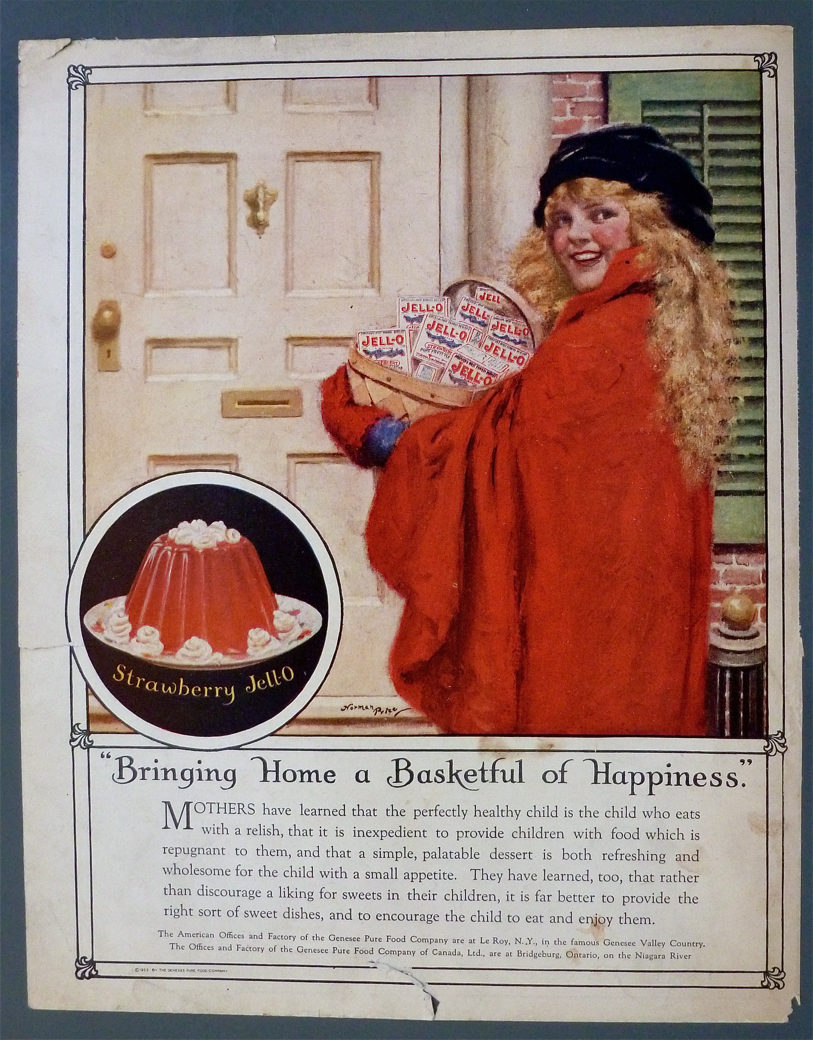 1923 Jell-O w/ Girl Holding A Basketful Of Jello Boxes