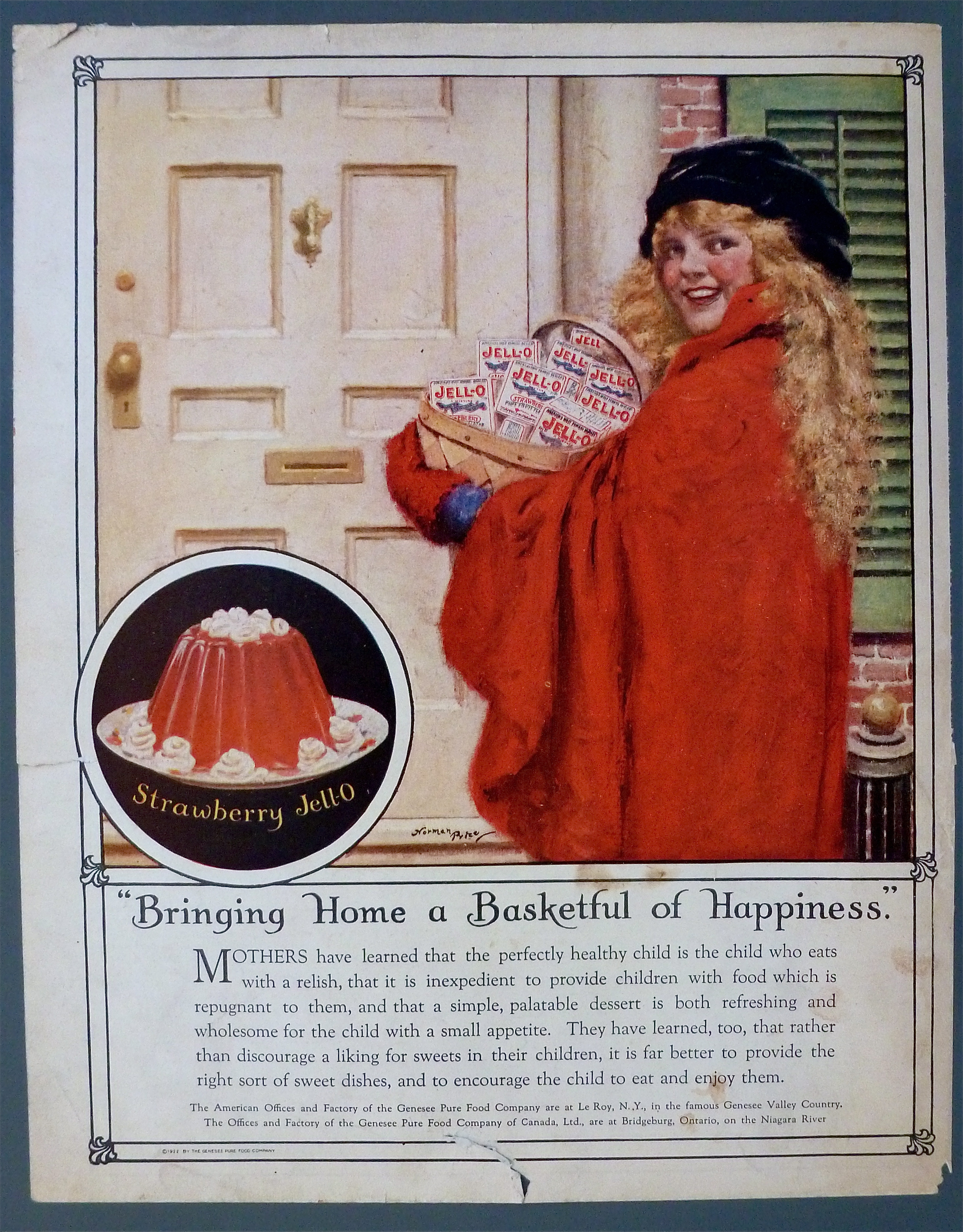 1923 Jell-O w/ Girl Holding A Basketful Of Jello Boxes