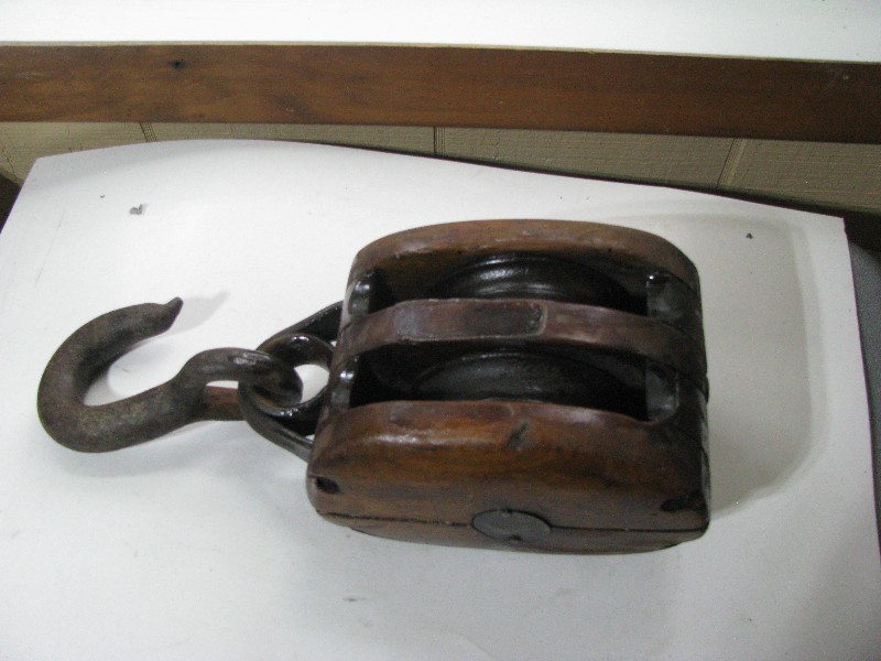 Antique Wooden Double Pulley Block and Tackle with Forged Iron Hook