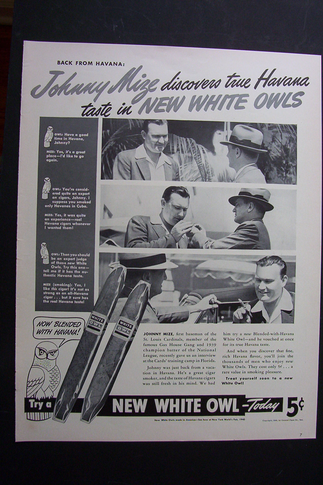 1940 White Owl Cigars with Johnny Mize