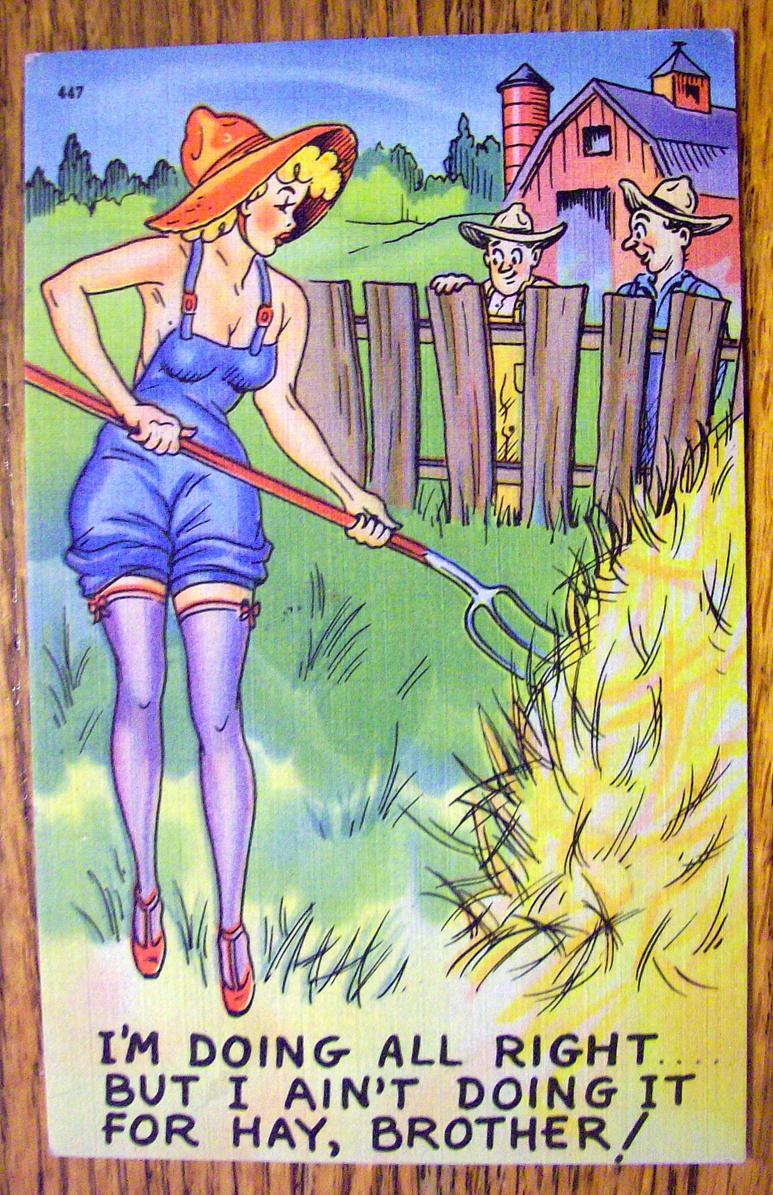 Woman Raking Hay While Men Watch Her Postcard
