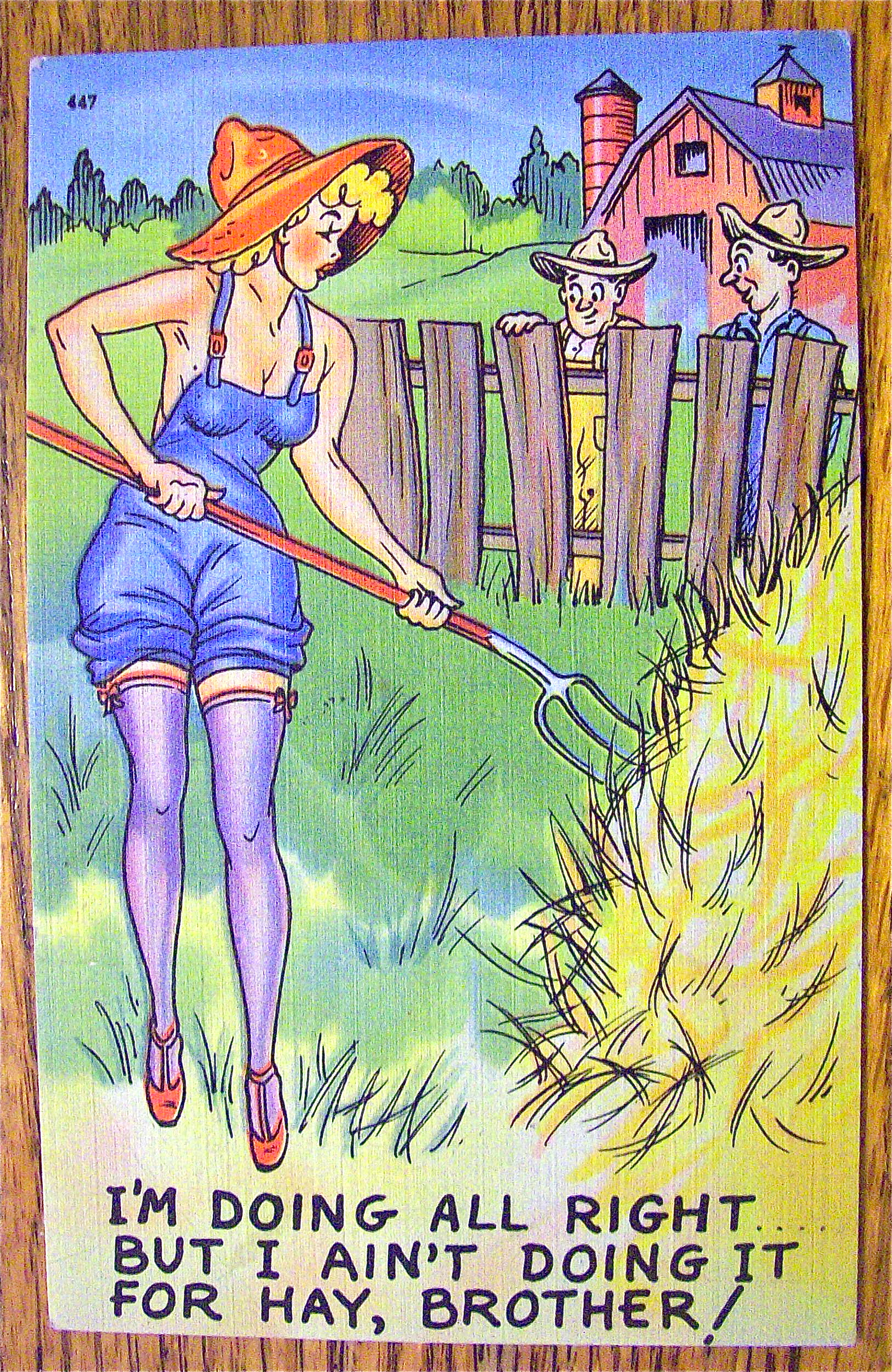Woman Raking Hay While Men Watch Her Postcard