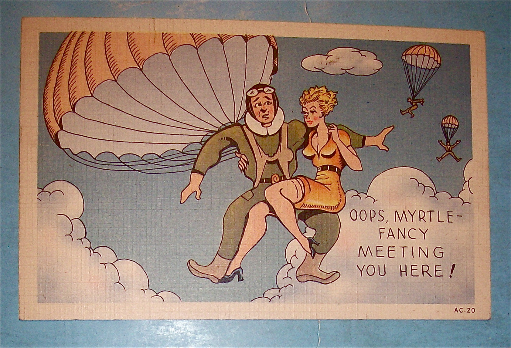 A Soldier & Woman Flying With A Parachute Postcard