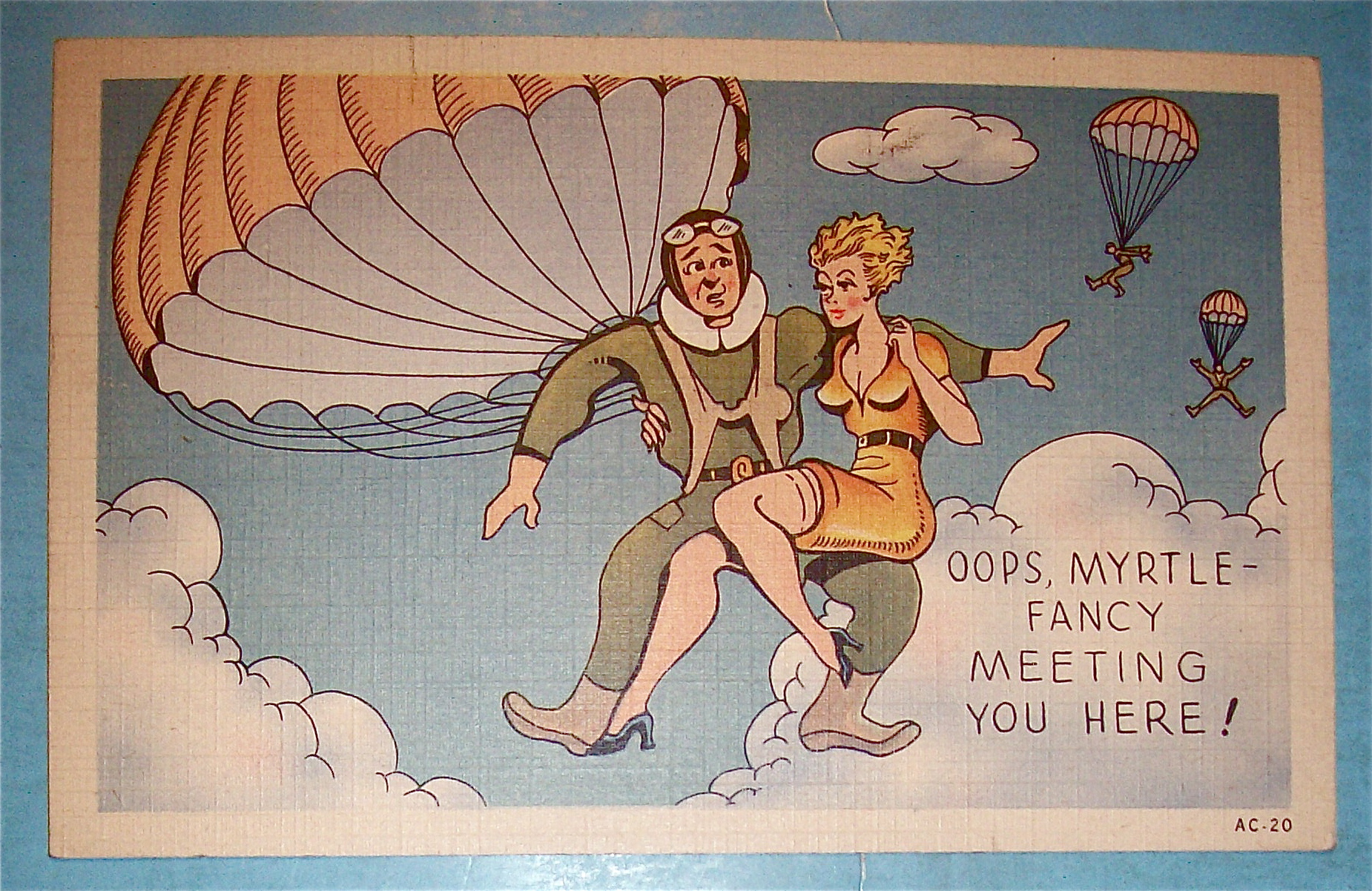 A Soldier & Woman Flying With A Parachute Postcard