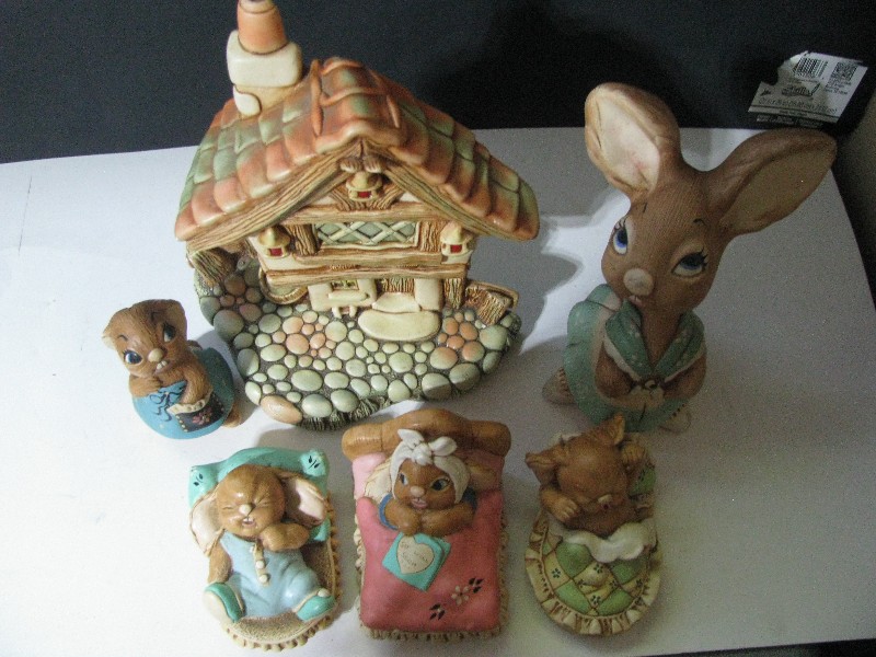 Vintage Hand-Painted Ceramic Rabbit Family & Cottage Figurine Set - 6 Pieces