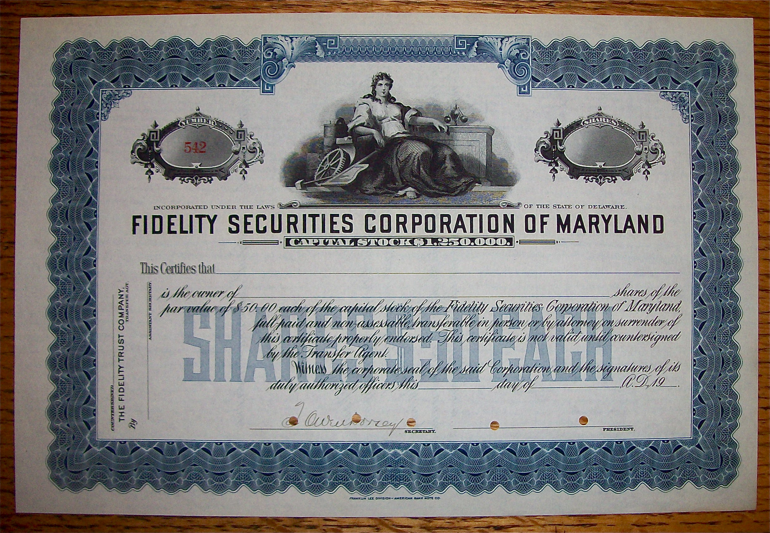 1930's Fidelity Securities Corp Of Maryland Stock
