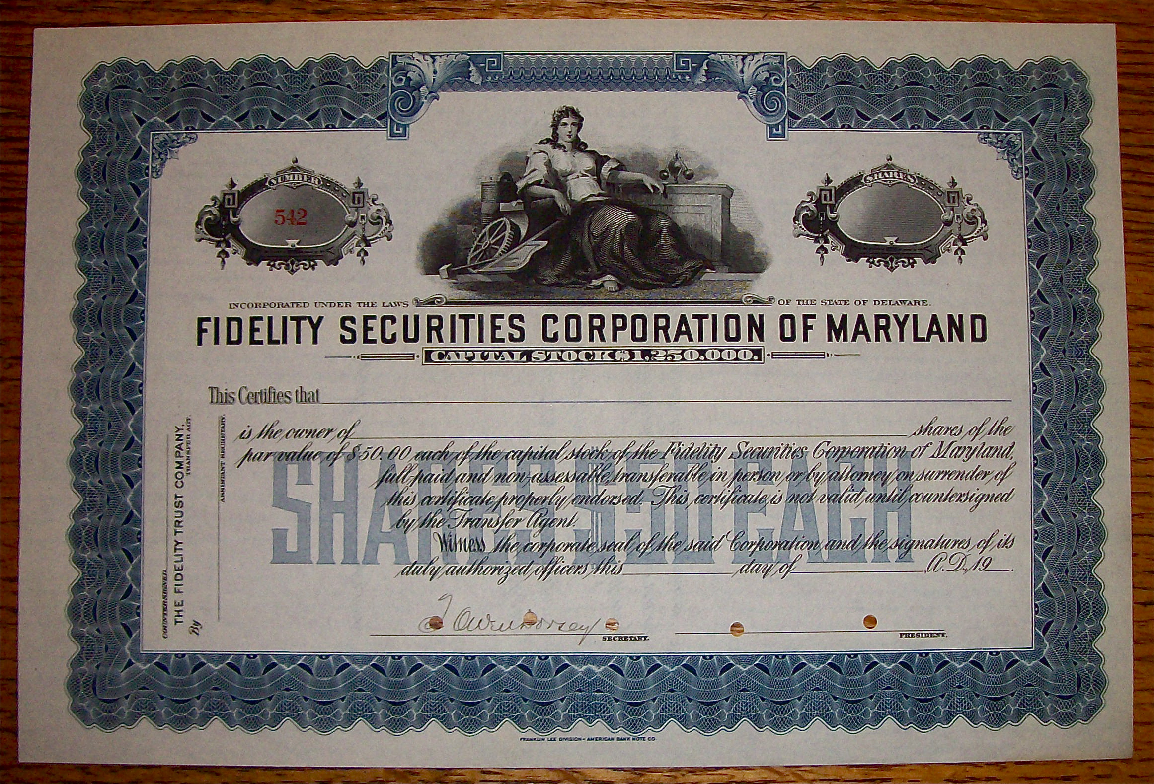 1930's Fidelity Securities Corp Of Maryland Stock