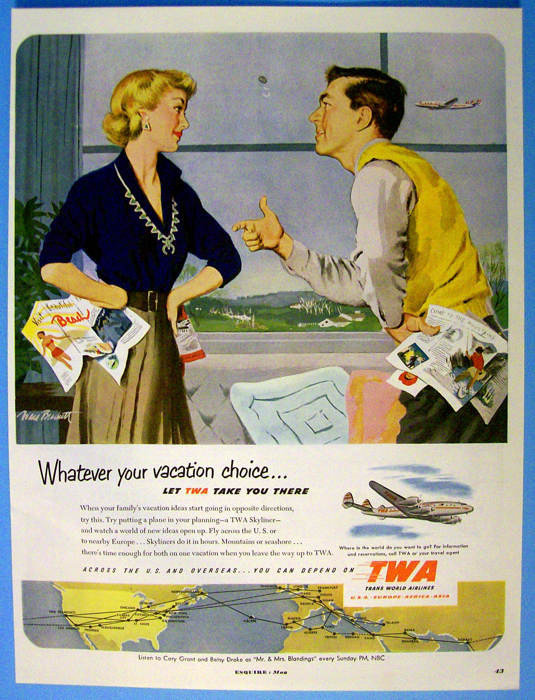 1951 TWA  Airlines with Man Flipping Coin For Vacation