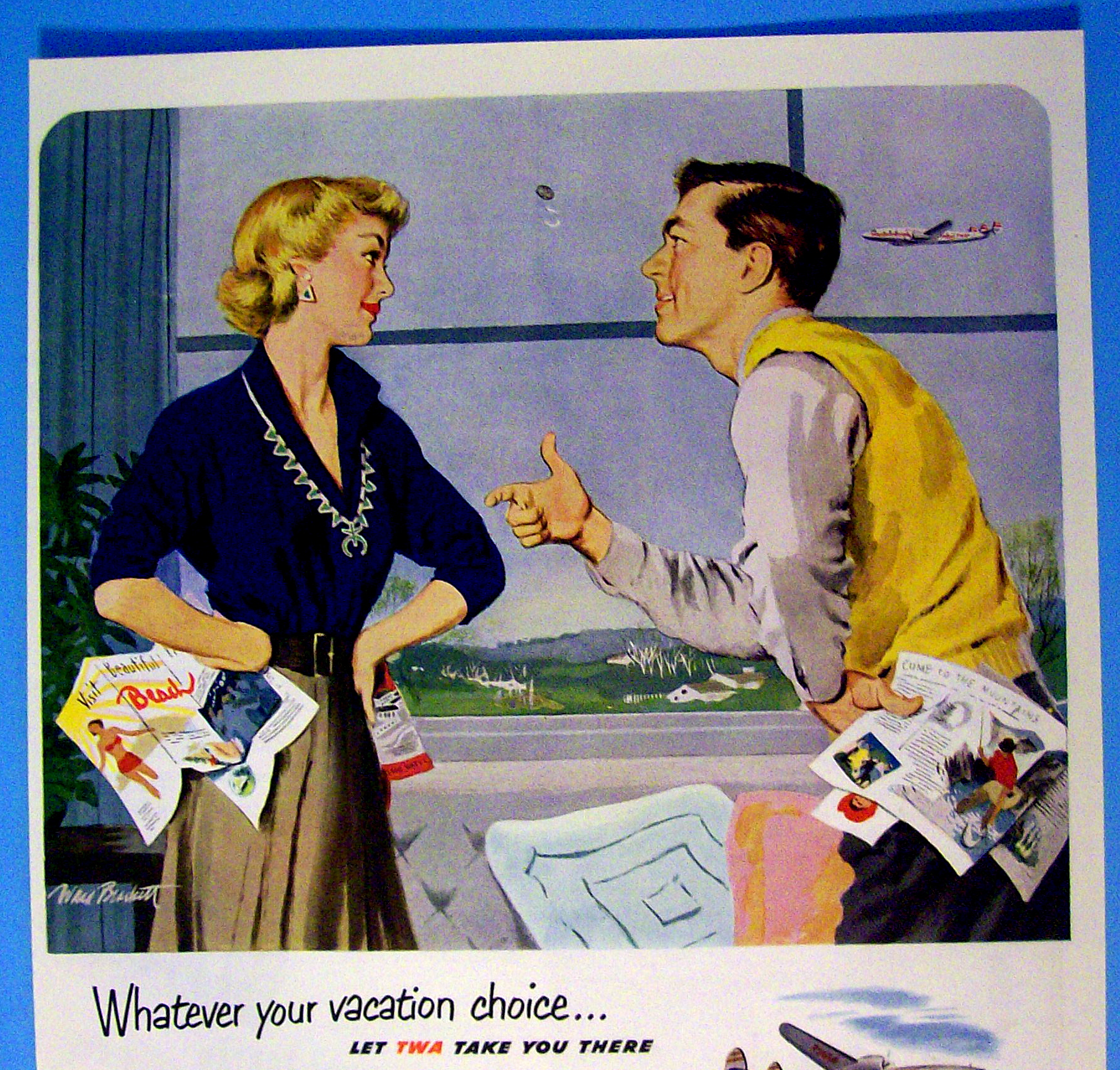 1951 TWA  Airlines with Man Flipping Coin For Vacation