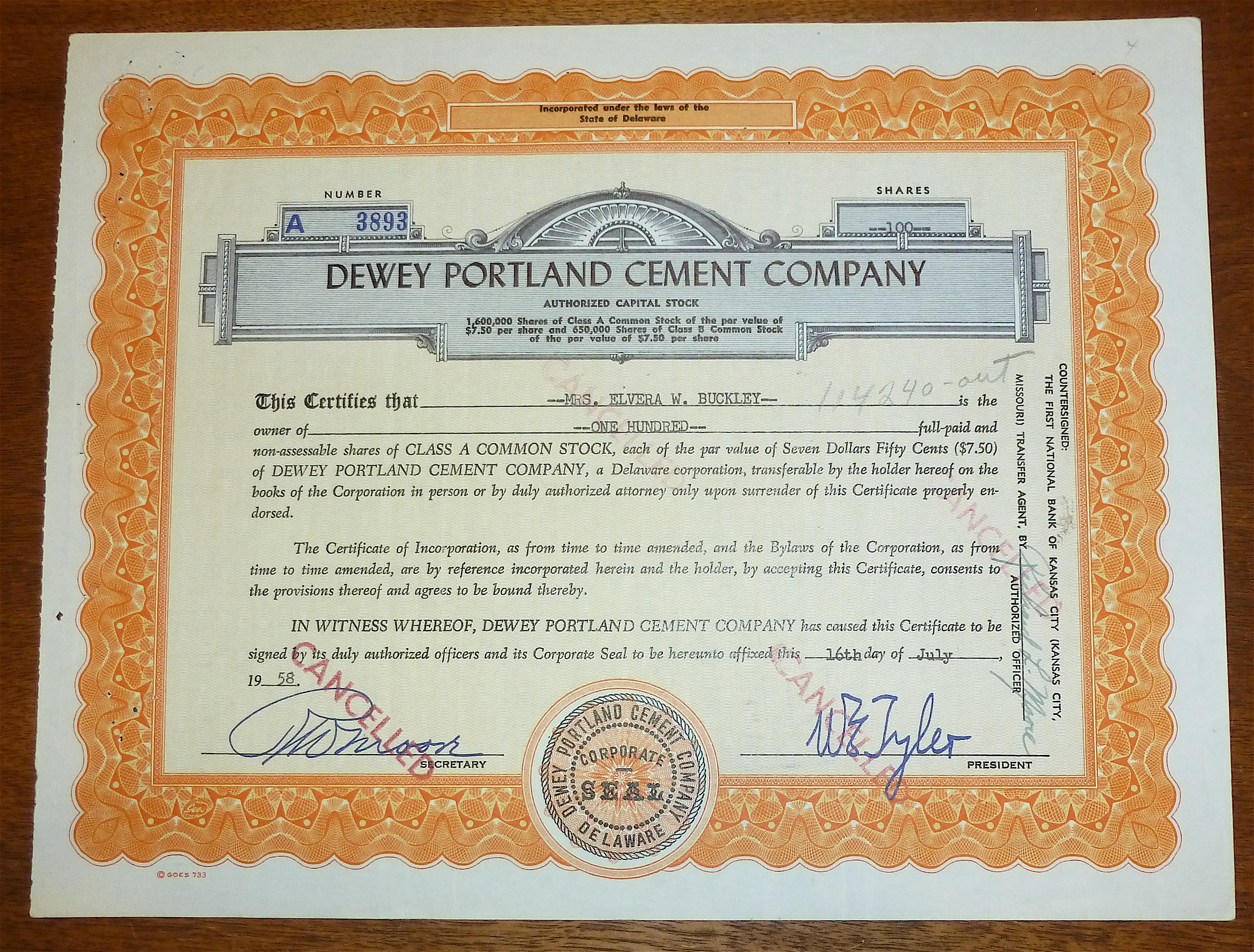 1958 Dewey Portland Cement Company Stock Certificate