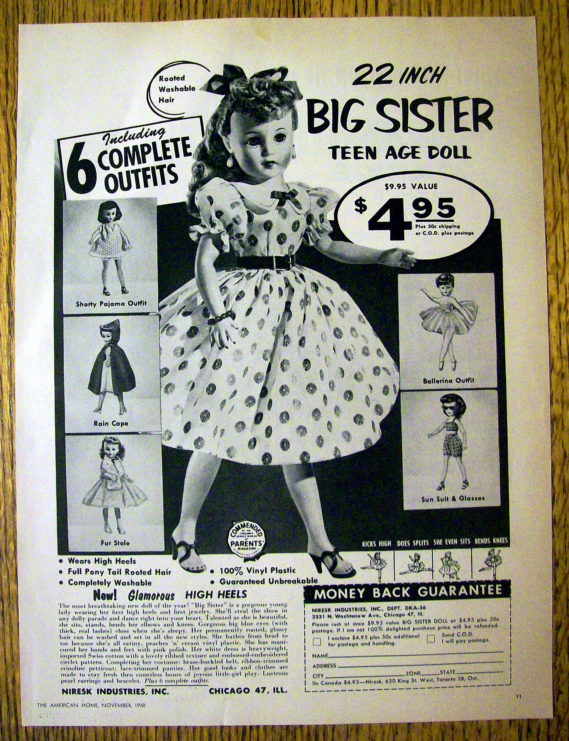 1957 Niresk Big Sister Teen Age Doll w/Different Outfit