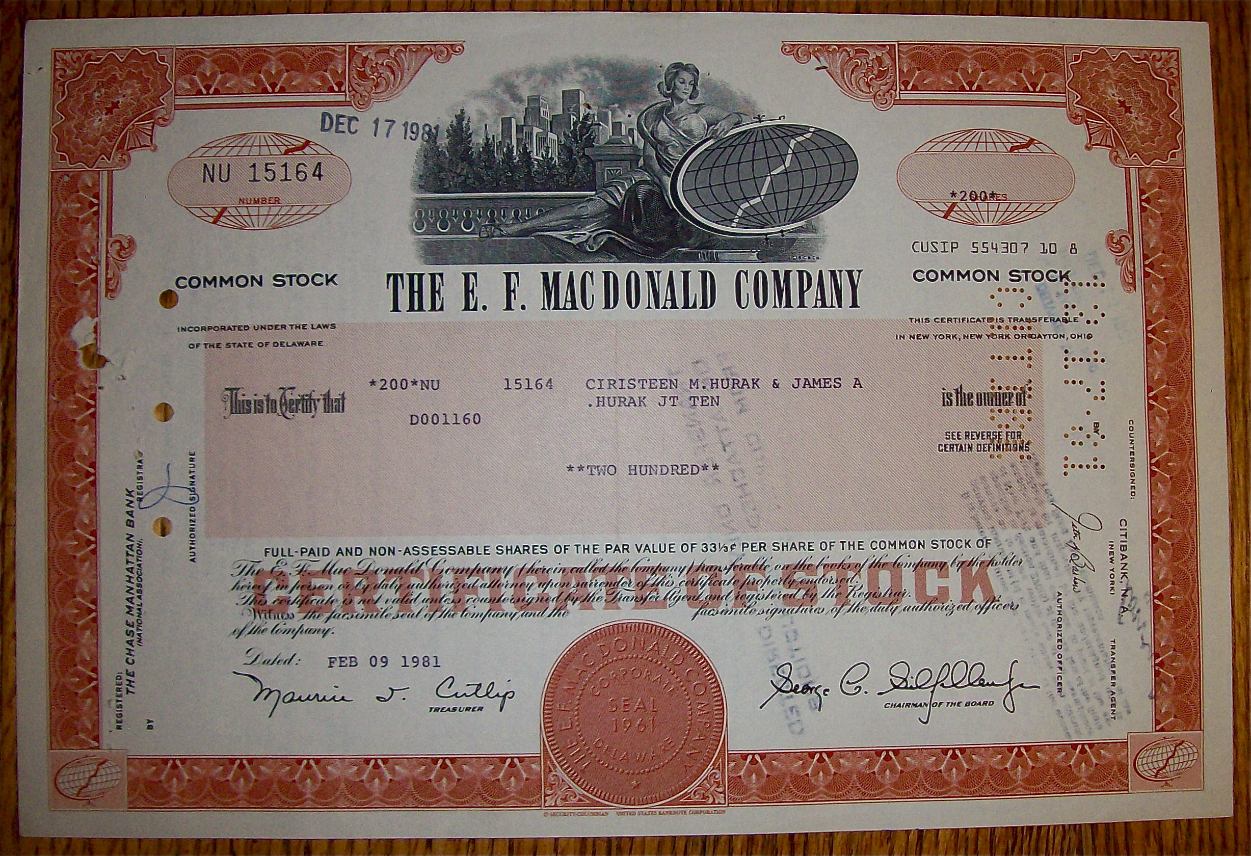 1981 E. F. MacDonald Company Stock Certificate