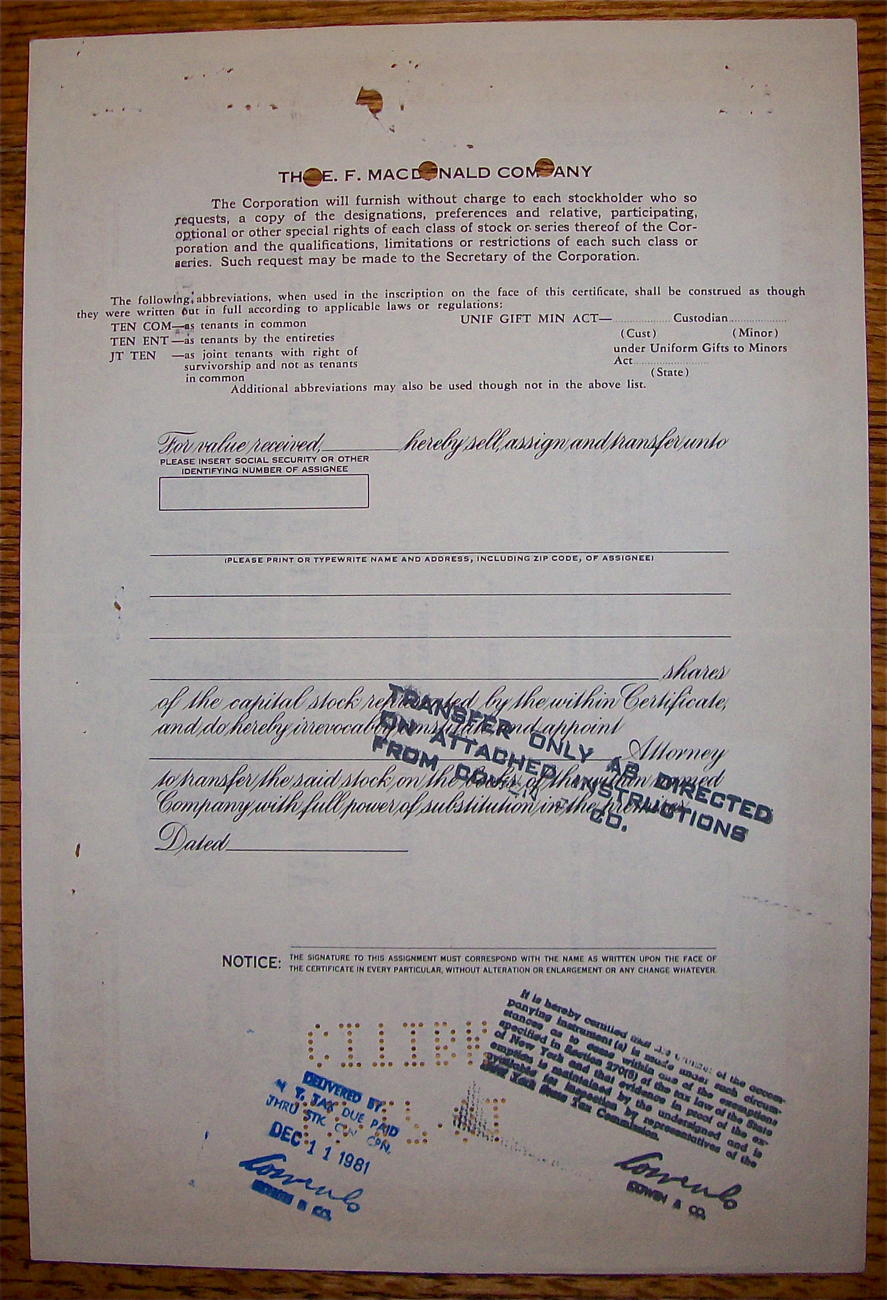 1981 E. F. MacDonald Company Stock Certificate
