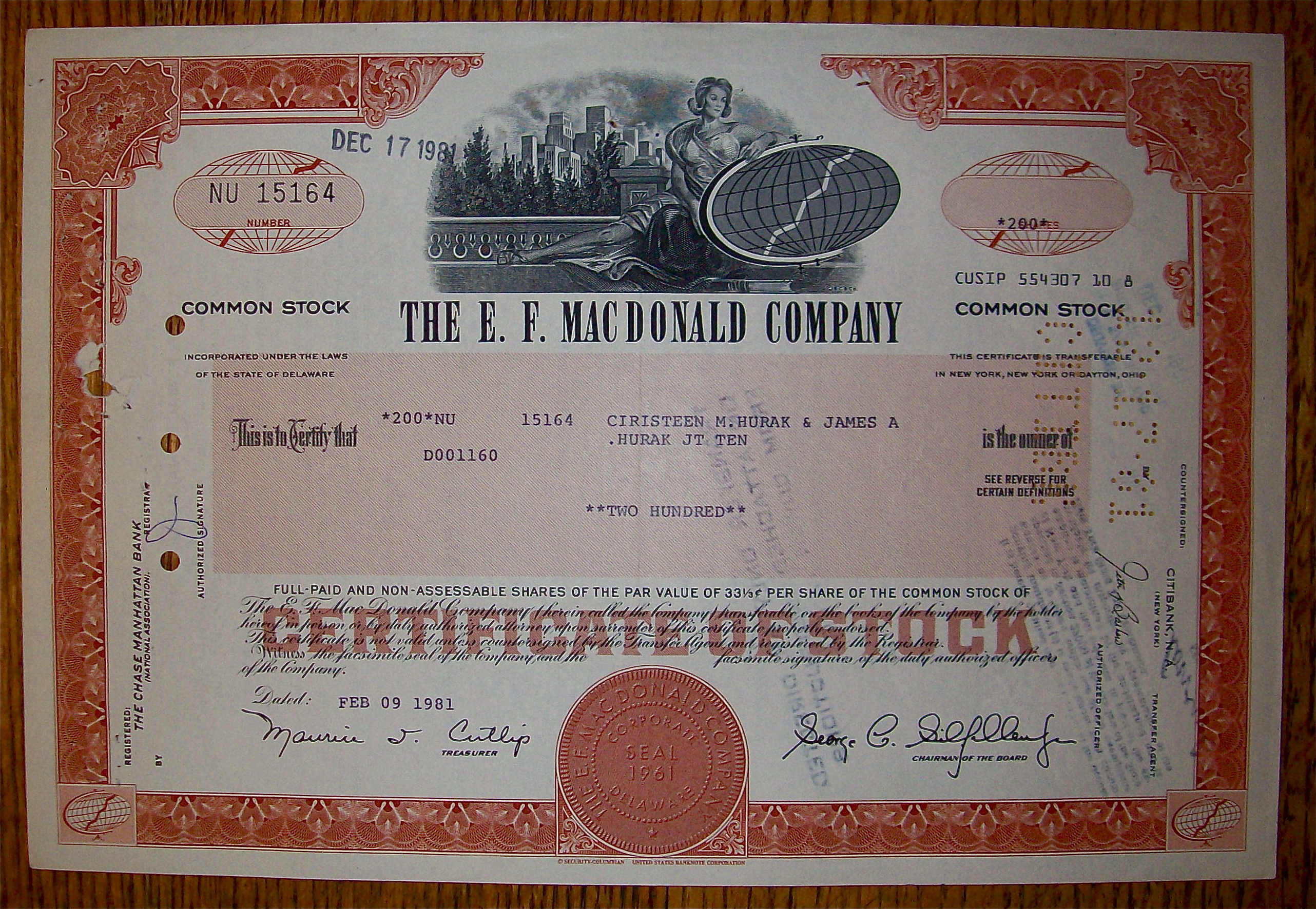 1981 E. F. MacDonald Company Stock Certificate