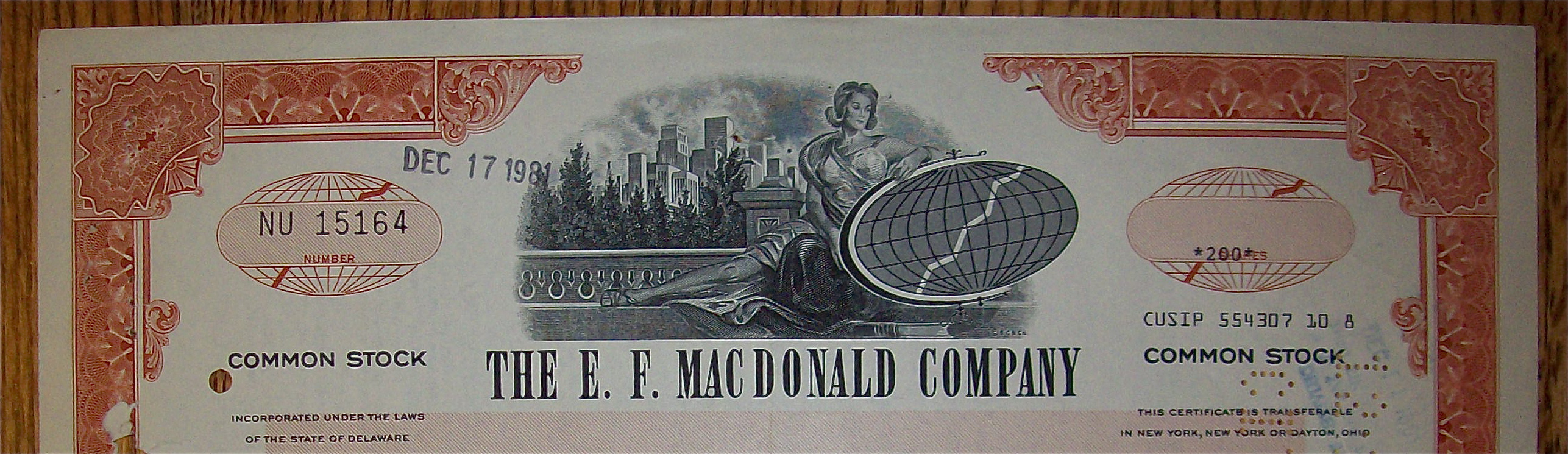 1981 E. F. MacDonald Company Stock Certificate