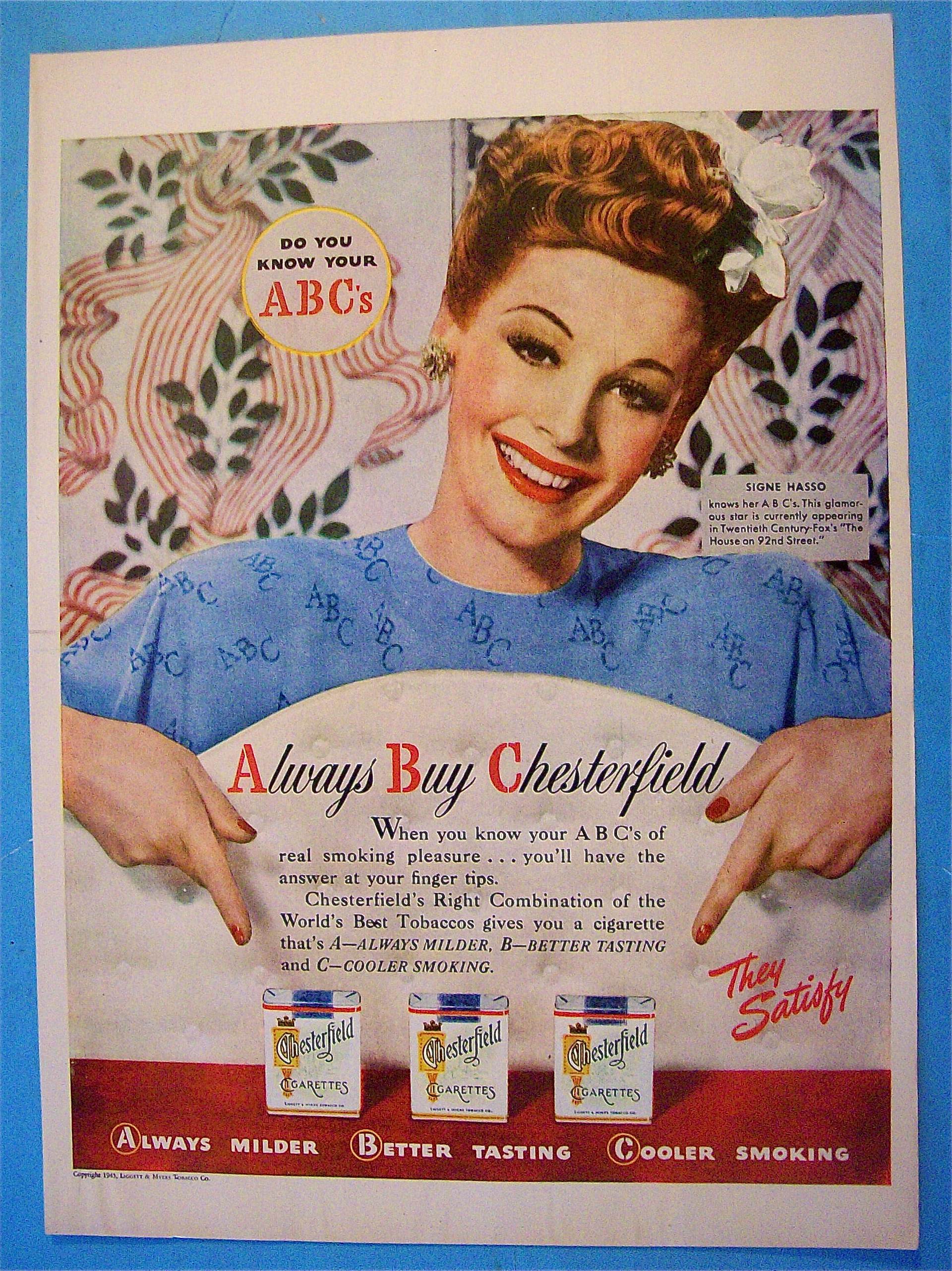 1945 Chesterfield Cigarettes with Signe Hasso