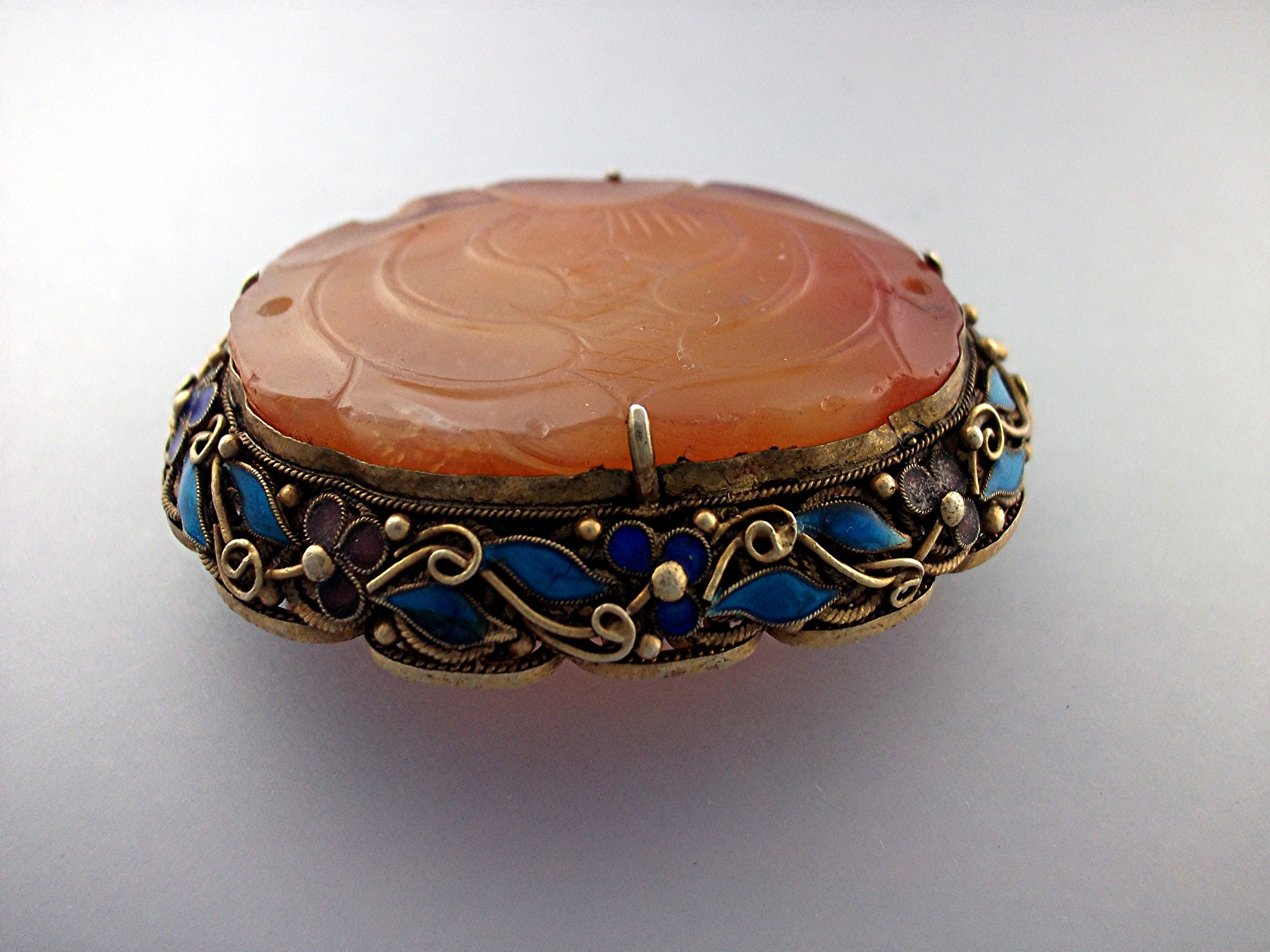 Brooh Pin Silver Enamel Carved Carnelian Jade
