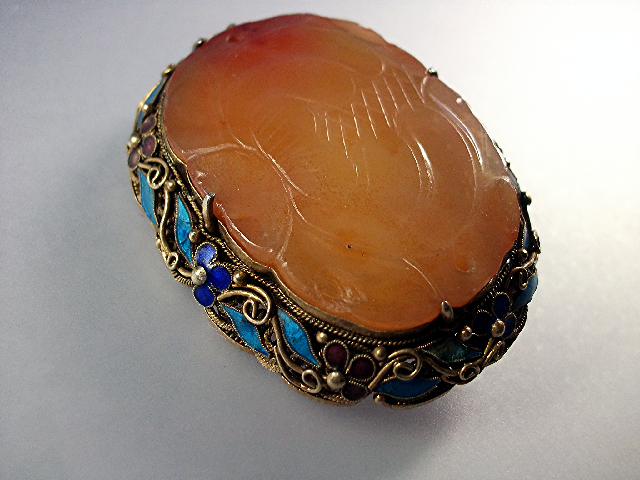 Brooh Pin Silver Enamel Carved Carnelian Jade