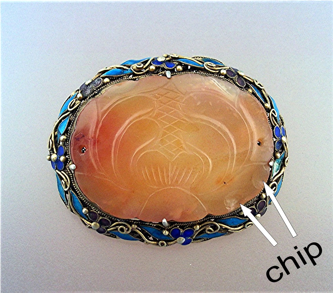 Brooh Pin Silver Enamel Carved Carnelian Jade