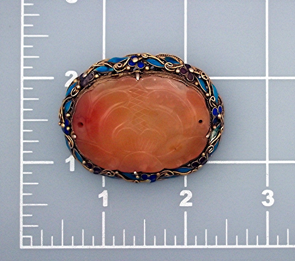 Brooh Pin Silver Enamel Carved Carnelian Jade