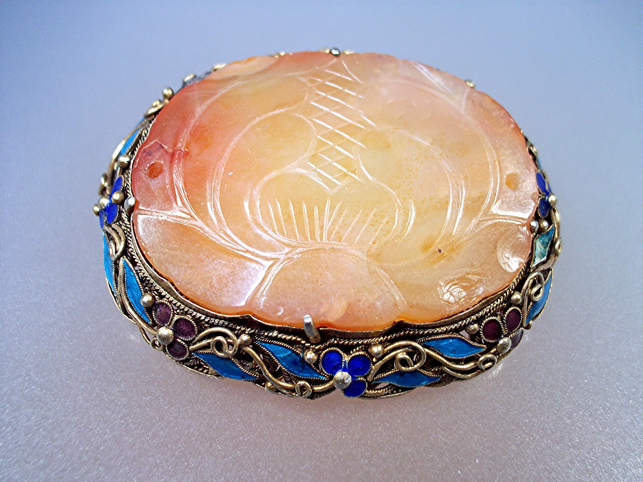 Brooh Pin Silver Enamel Carved Carnelian Jade
