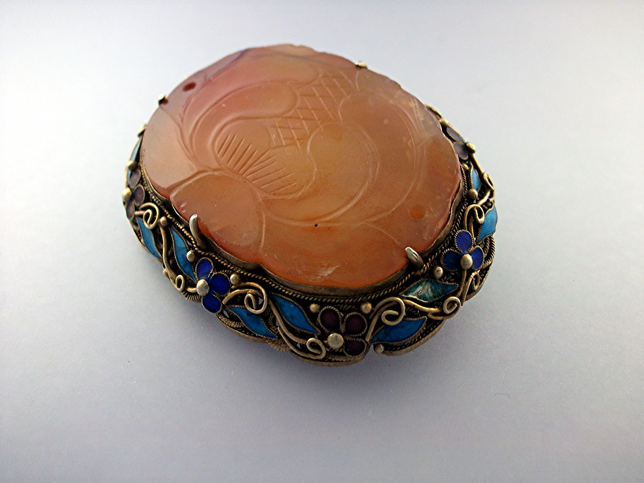 Brooh Pin Silver Enamel Carved Carnelian Jade